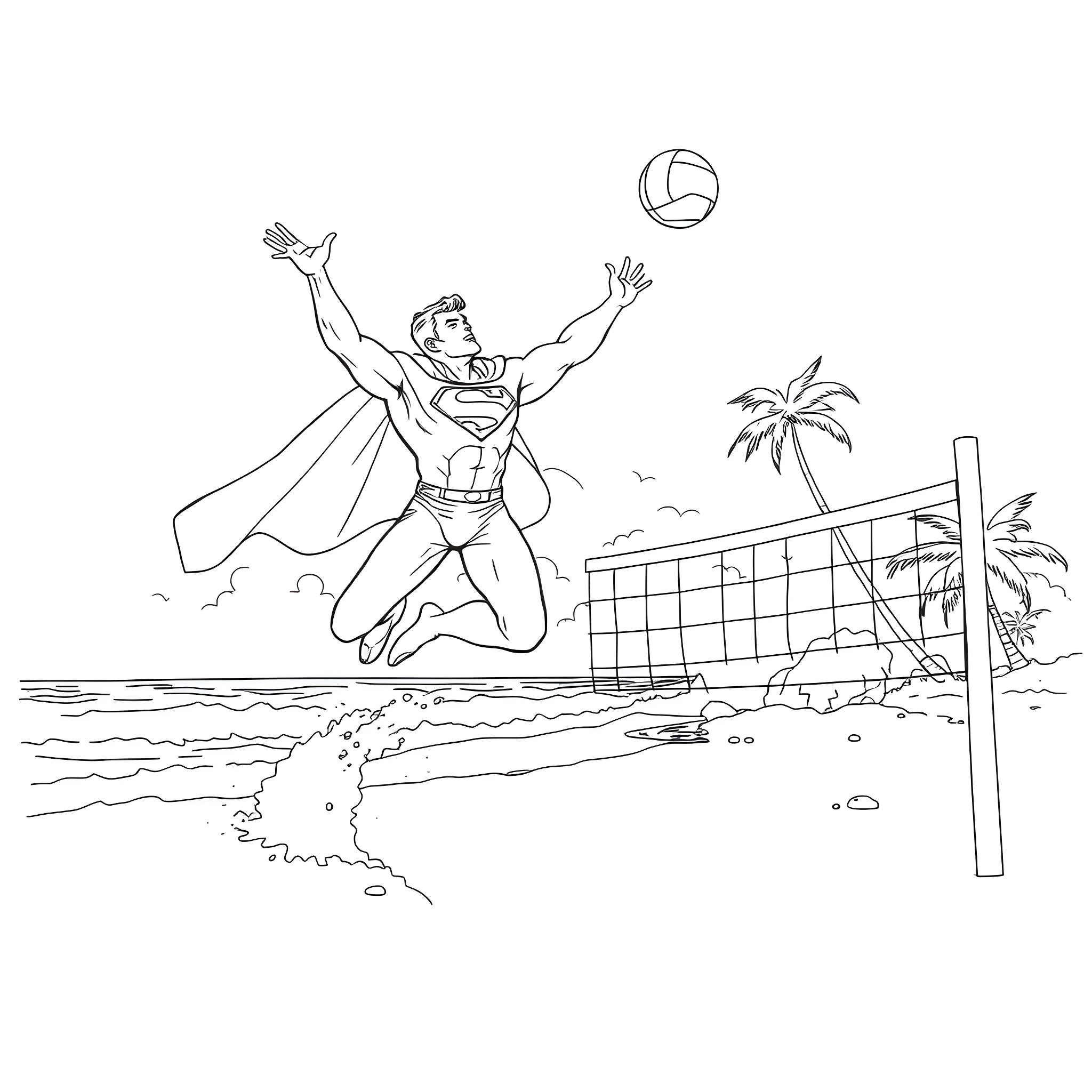 Superman playing volleyball on the beach Coloring Page (free black-and-white line drawing printable PDF for all, from beginners to advanced learners, including children, teens, adults, and seniors)