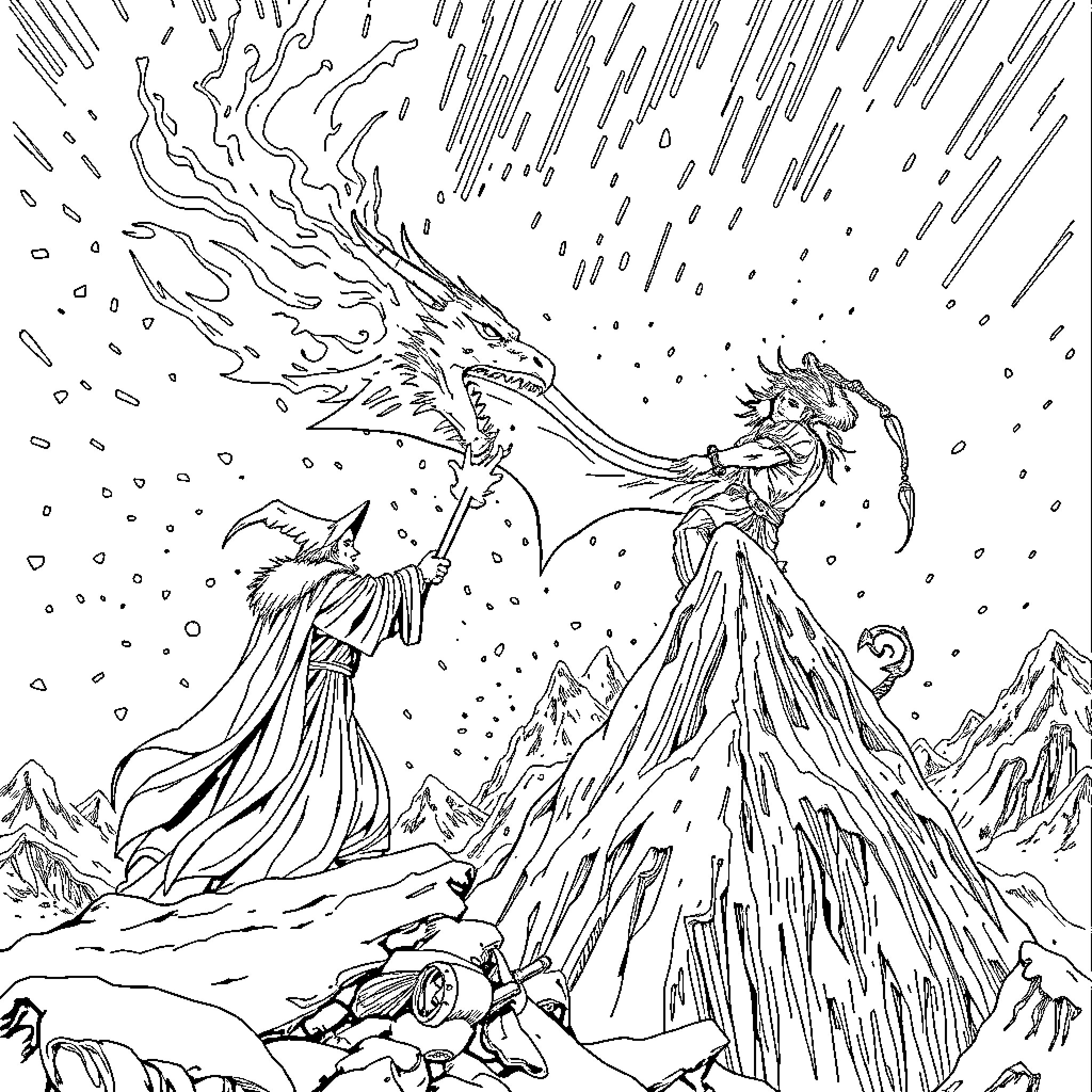 Wizard battles formidable dragon in snowy mountain landscape Coloring Page (free black-and-white line drawing printable PDF for all, from beginners to advanced learners, including children, teens, adults, and seniors)