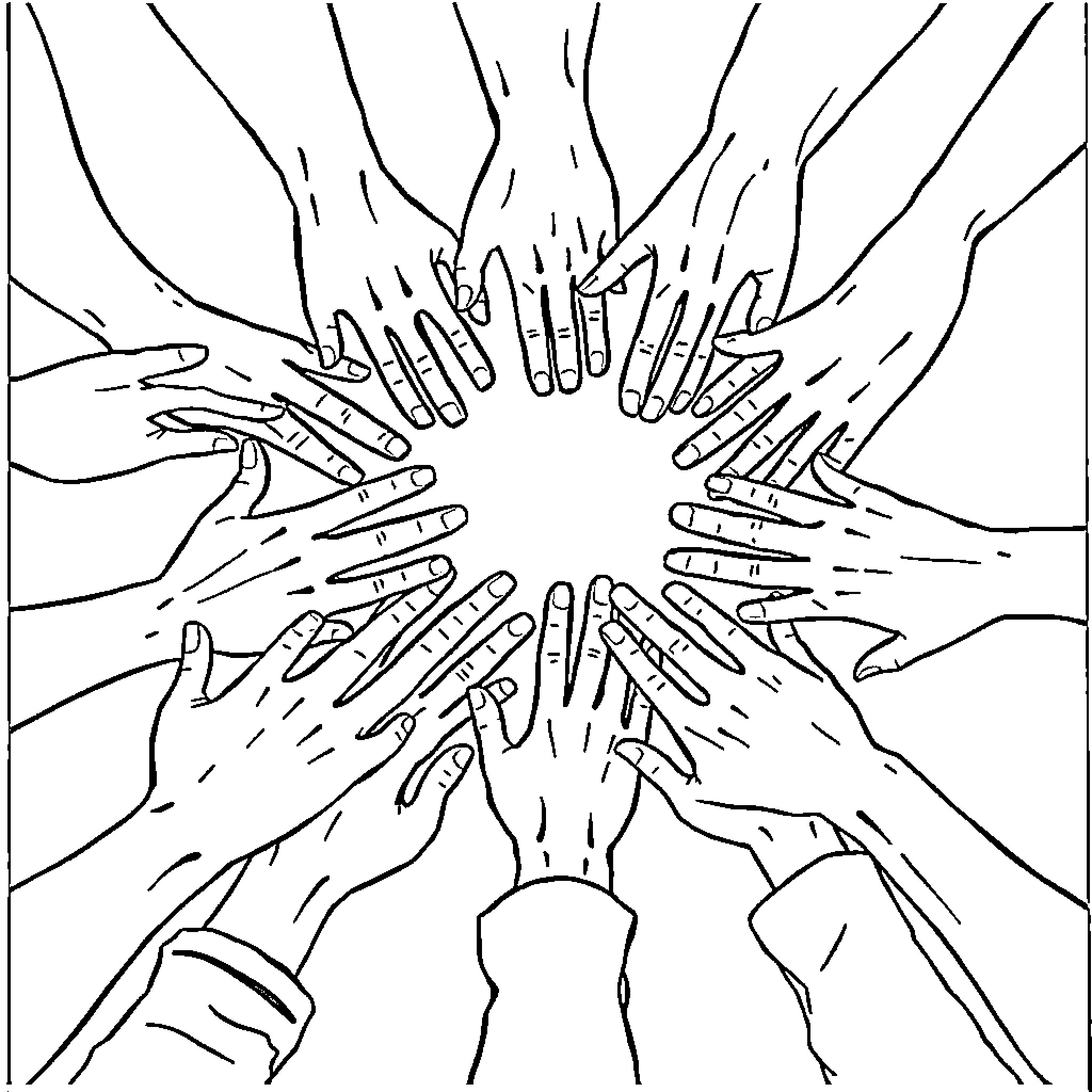 Hands reaching out in unity and support Coloring Page (free black-and-white line drawing printable PDF for all, from beginners to advanced learners, including children, teens, adults, and seniors)