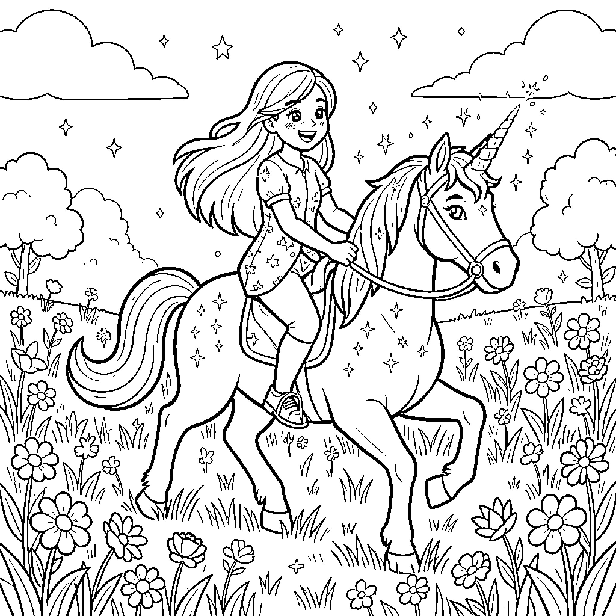 Teacher and Student Exploring the Magical Unicorn World Coloring Page (free black-and-white line drawing printable PDF for all, from beginners to advanced learners, including children, teens, adults, and seniors)