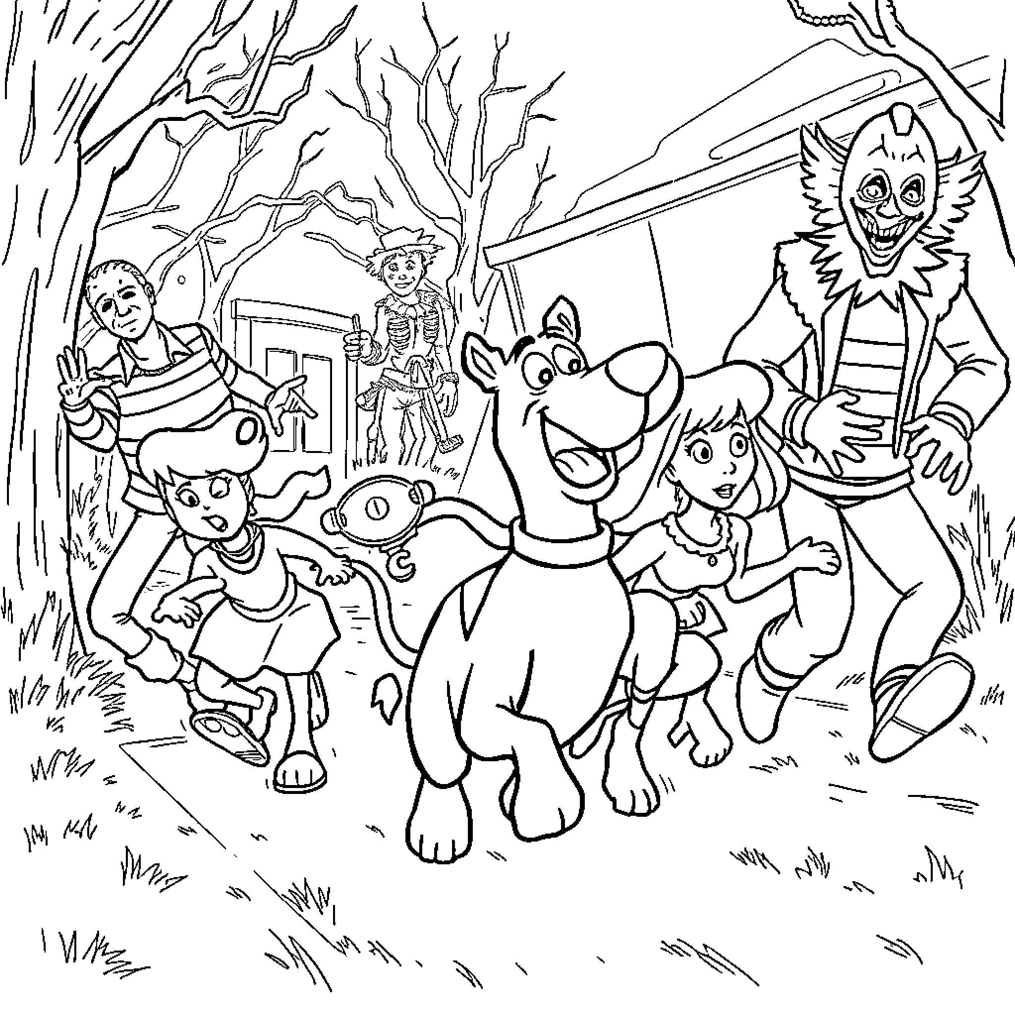 Scooby Doo and the Mystery Gang in the Haunted Woods Coloring Page (free black-and-white line drawing printable PDF for all, from beginners to advanced learners, including children, teens, adults, and seniors)