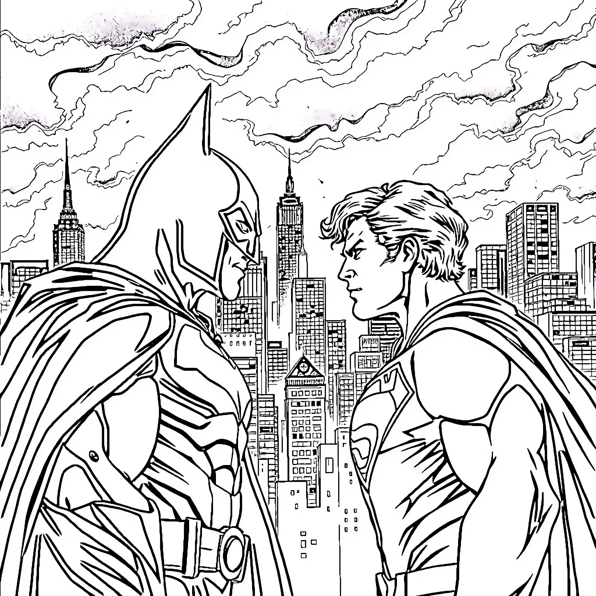 Batman confronting an adversary in the city skyline Coloring Page (free black-and-white line drawing printable PDF for all, from beginners to advanced learners, including children, teens, adults, and seniors)