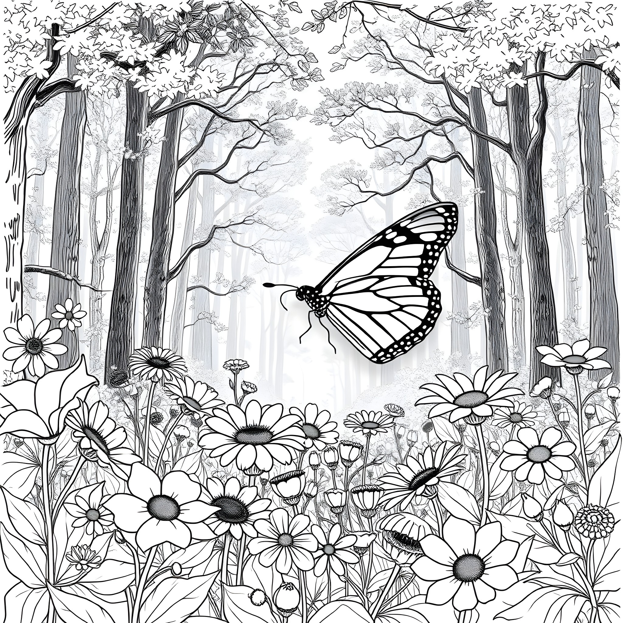 Butterfly in a Whimsical Forest Scene Coloring Page (free black-and-white line drawing printable PDF for all, from beginners to advanced learners, including children, teens, adults, and seniors)