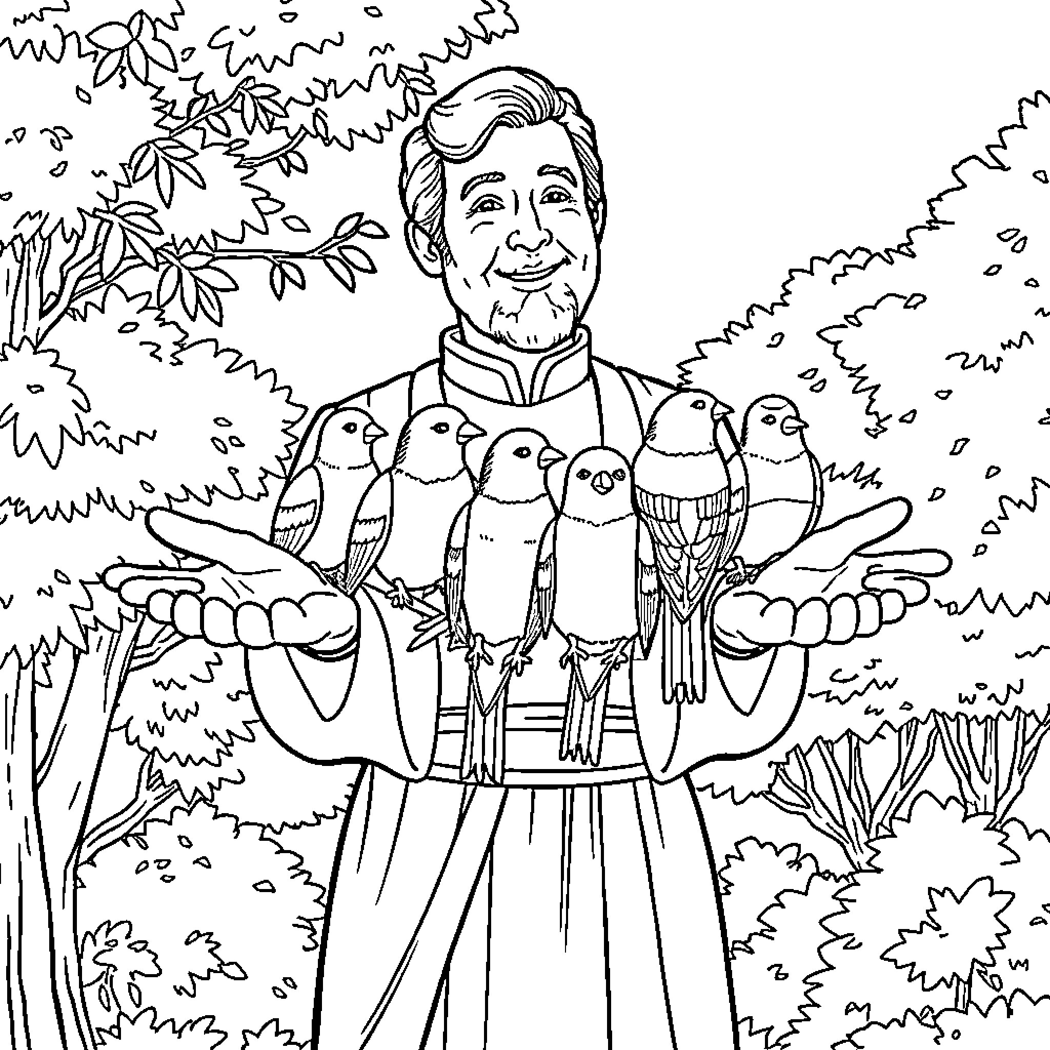 Don Bosco preaching to birds in the forest Coloring Page (free black-and-white line drawing printable PDF for all, from beginners to advanced learners, including children, teens, adults, and seniors)