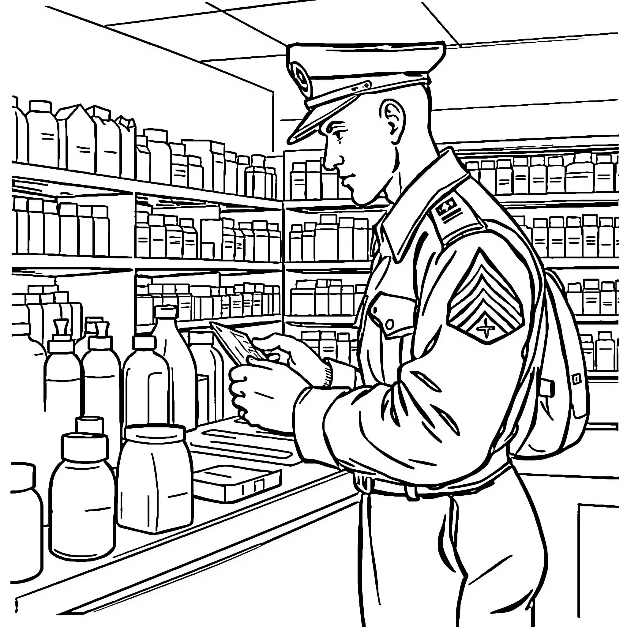 Soldier organizing and stocking supplies in military warehouse Coloring Page (free black-and-white line drawing printable PDF for all, from beginners to advanced learners, including children, teens, adults, and seniors)
