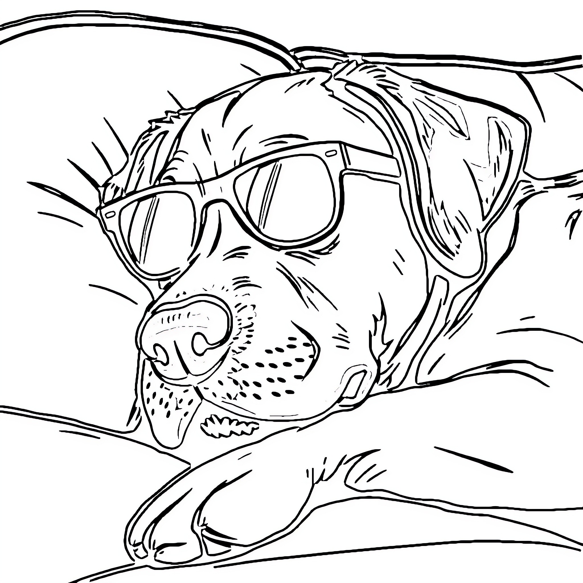 Dog enjoying a sunny day with sunglasses Coloring Page (free black-and-white line drawing printable PDF for all, from beginners to advanced learners, including children, teens, adults, and seniors)