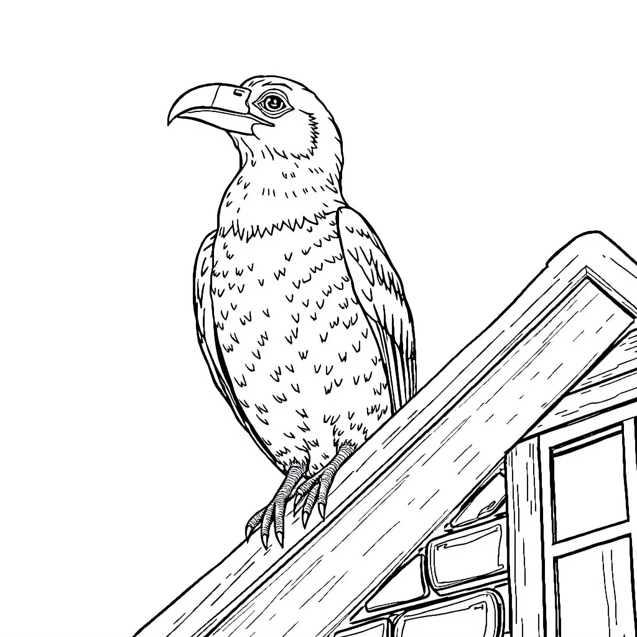 Bird perched on a rooftop Coloring Page (free black-and-white line drawing printable PDF for all, from beginners to advanced learners, including children, teens, adults, and seniors)