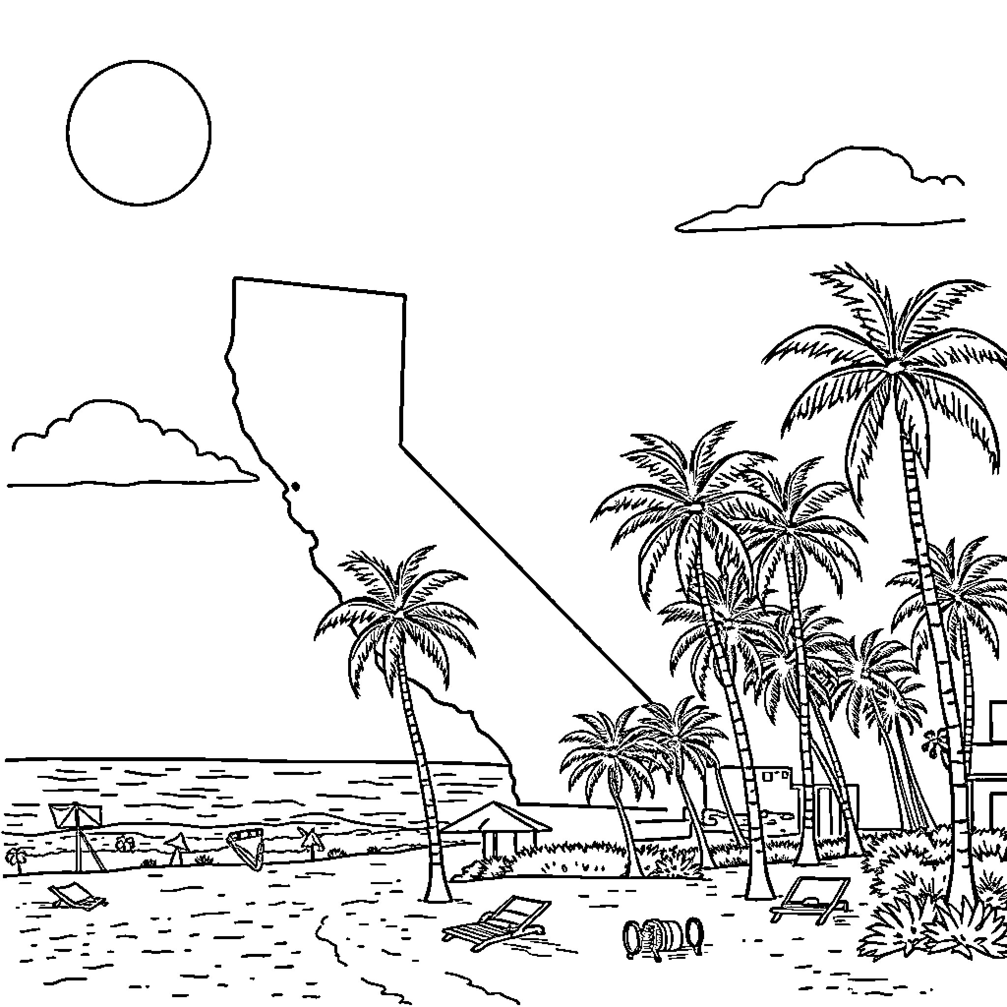 California coastline with palm trees and beach scene Coloring Page (free black-and-white line drawing printable PDF for all, from beginners to advanced learners, including children, teens, adults, and seniors)