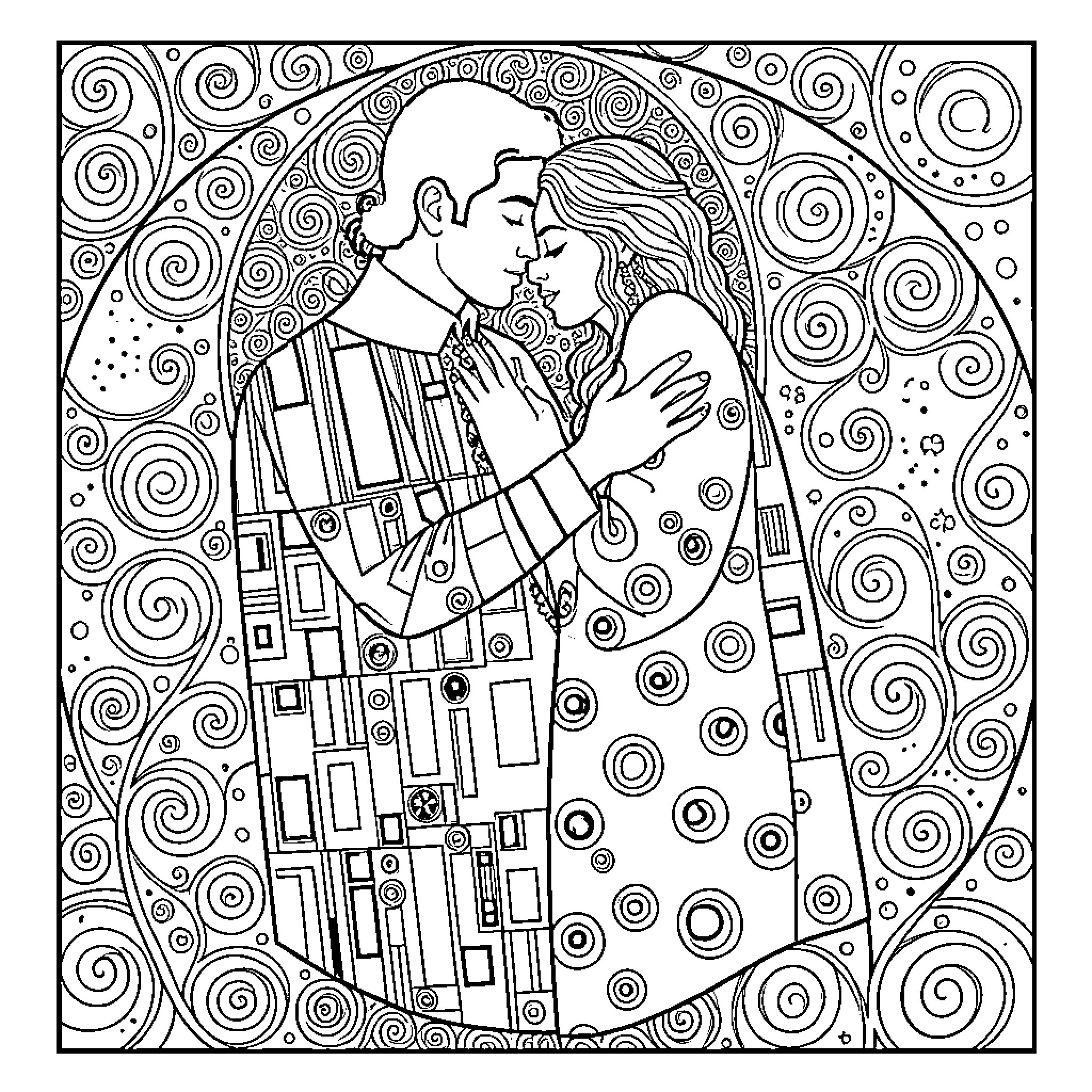 Kiss of Passion: Couple in Embrace Coloring Page (free black-and-white line drawing printable PDF for all, from beginners to advanced learners, including children, teens, adults, and seniors)