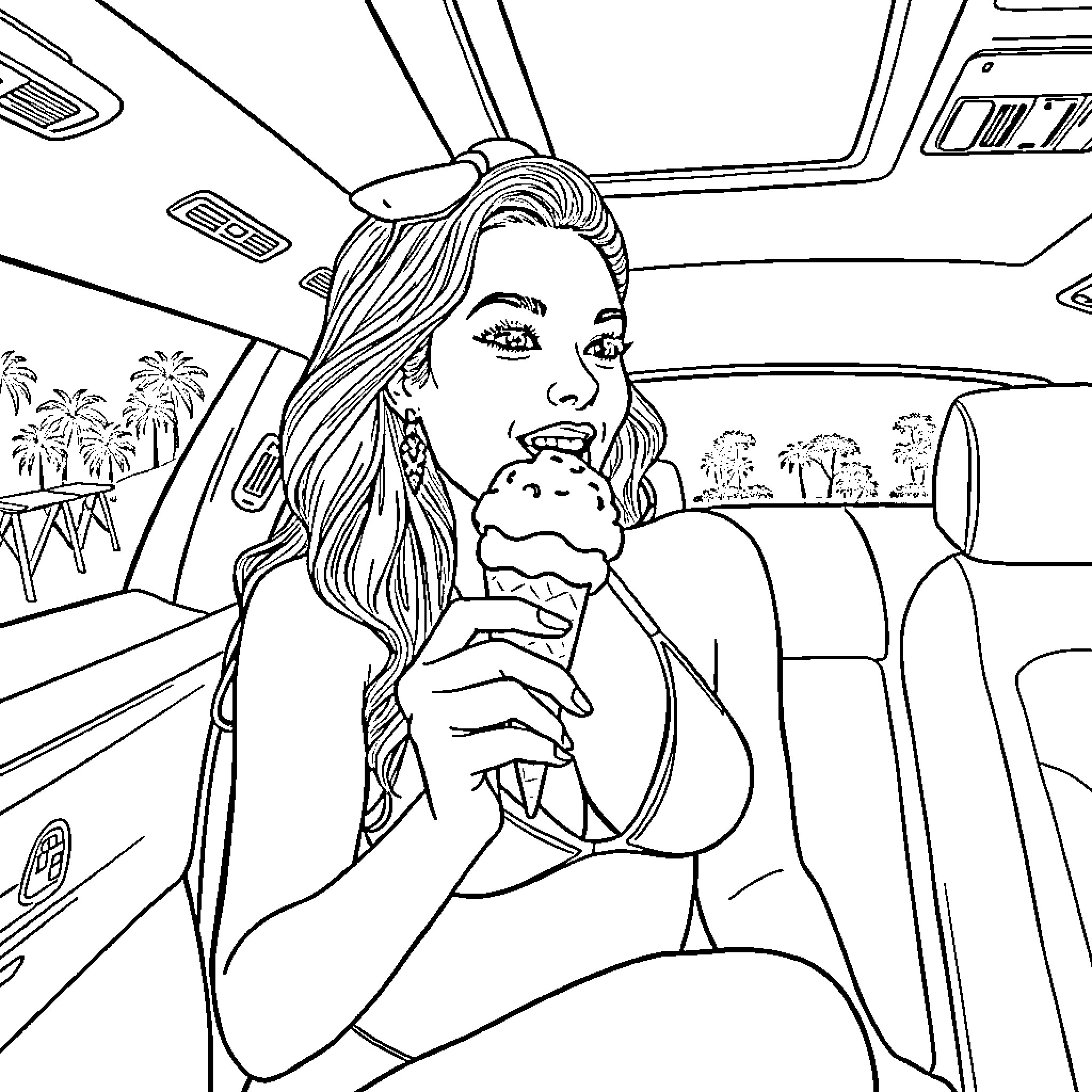 Sydney Sweeney enjoying an ice cream in a car Coloring Page (free black-and-white line drawing printable PDF for all, from beginners to advanced learners, including children, teens, adults, and seniors)