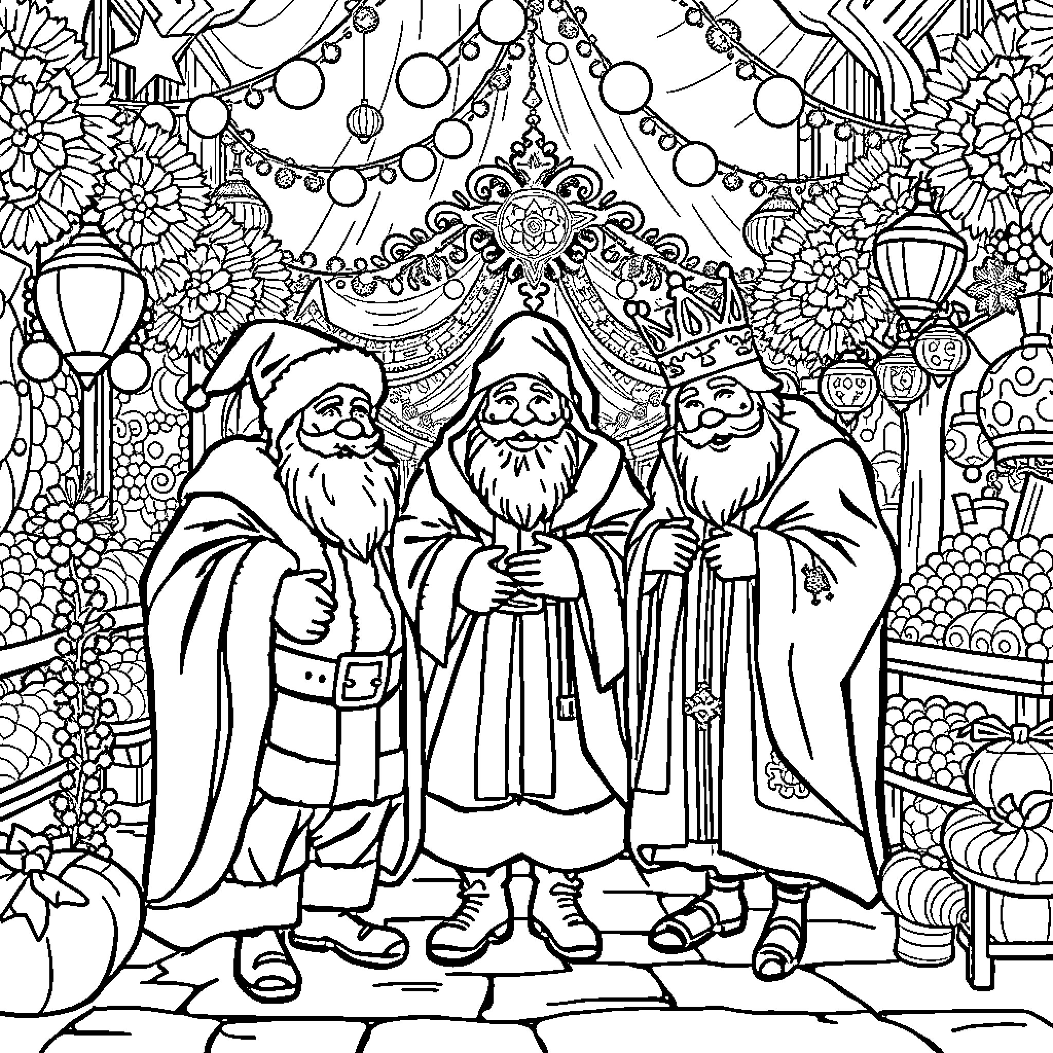 Santa Claus and Elves Celebrating Winter Festivities Coloring Page (free black-and-white line drawing printable PDF for all, from beginners to advanced learners, including children, teens, adults, and seniors)