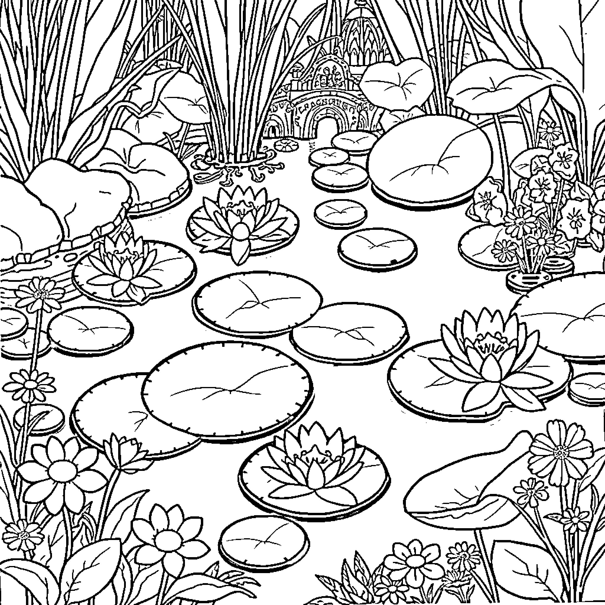 Pond with Blooming Flowers and Vegetation Coloring Page (free black-and-white line drawing printable PDF for all, from beginners to advanced learners, including children, teens, adults, and seniors)