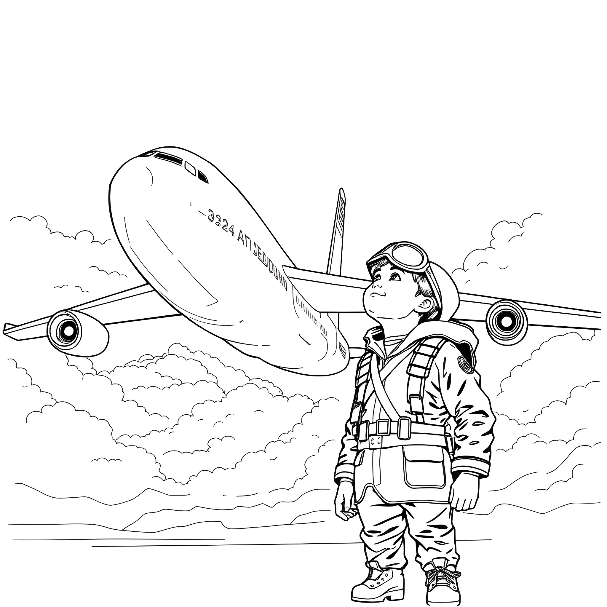 Boy Pilot Proudly Stands Before a Jet Airliner Coloring Page (free black-and-white line drawing printable PDF for all, from beginners to advanced learners, including children, teens, adults, and seniors)