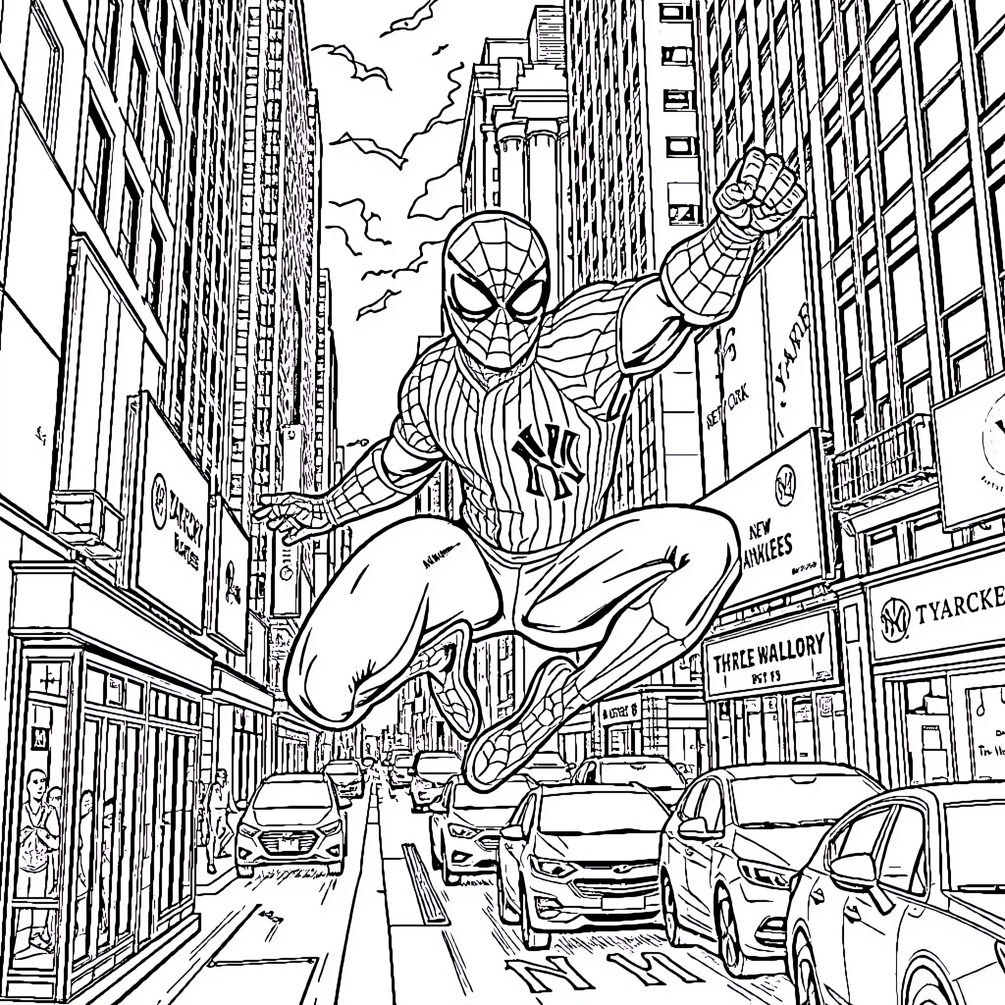 Spiderman swinging through the bustling city streets Coloring Page (free black-and-white line drawing printable PDF for all, from beginners to advanced learners, including children, teens, adults, and seniors)