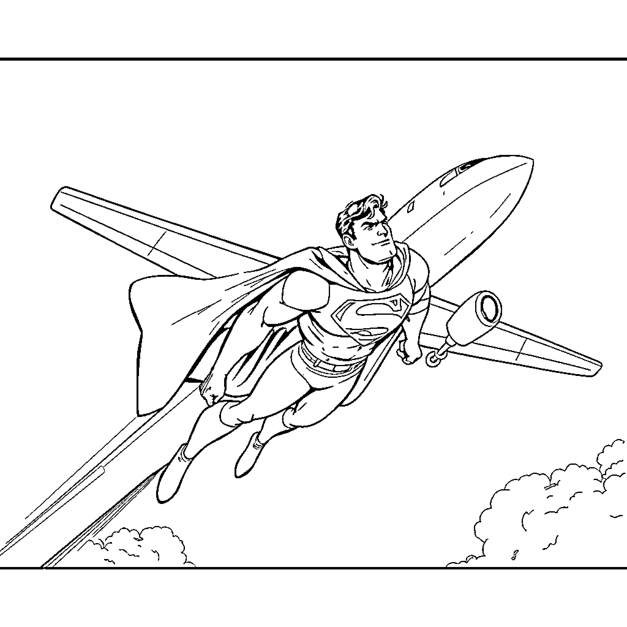 Superman flying heroically through the sky Coloring Page (free black-and-white line drawing printable PDF for all, from beginners to advanced learners, including children, teens, adults, and seniors)