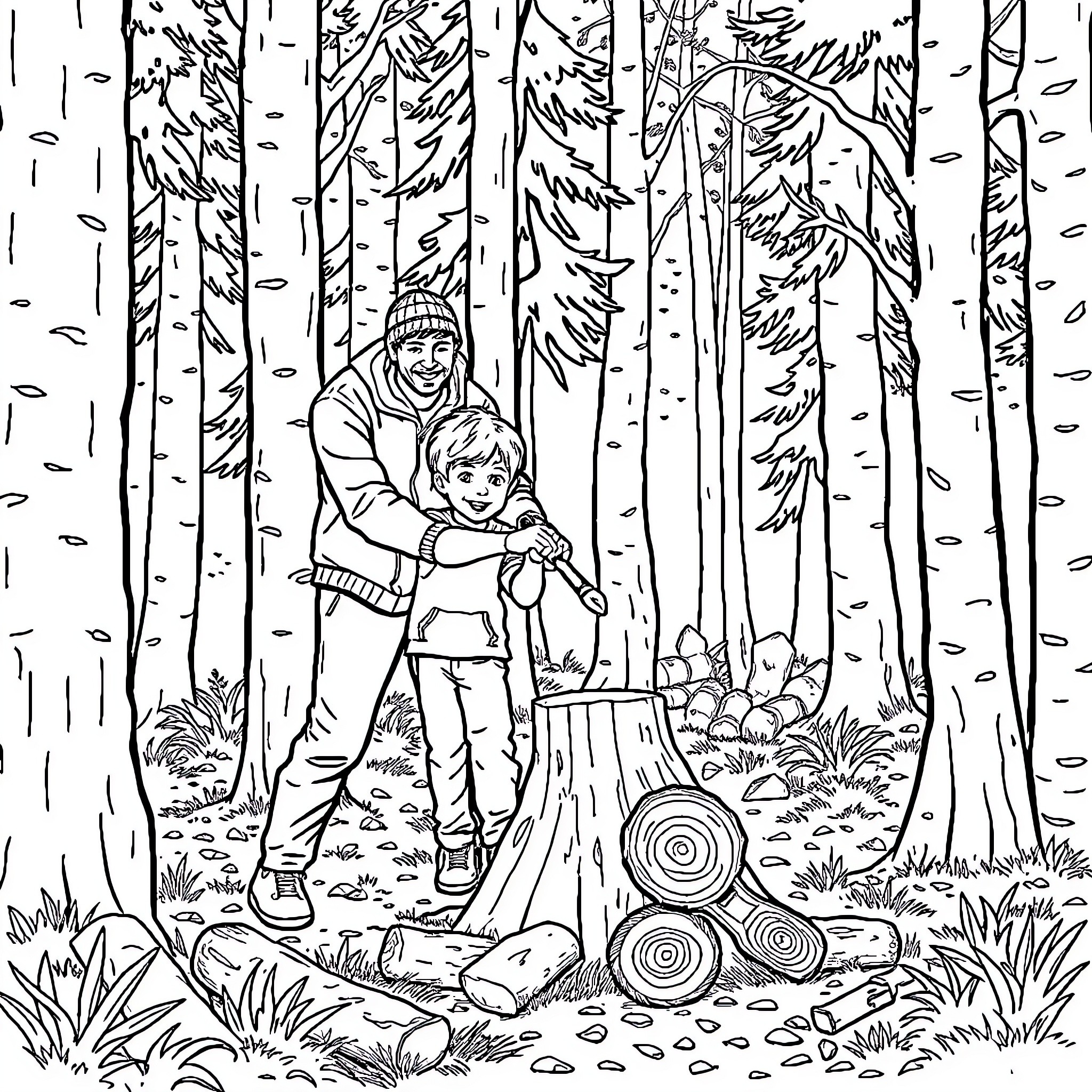 Dad helps child collect firewood in the forest Coloring Page (free black-and-white line drawing printable PDF for all, from beginners to advanced learners, including children, teens, adults, and seniors)