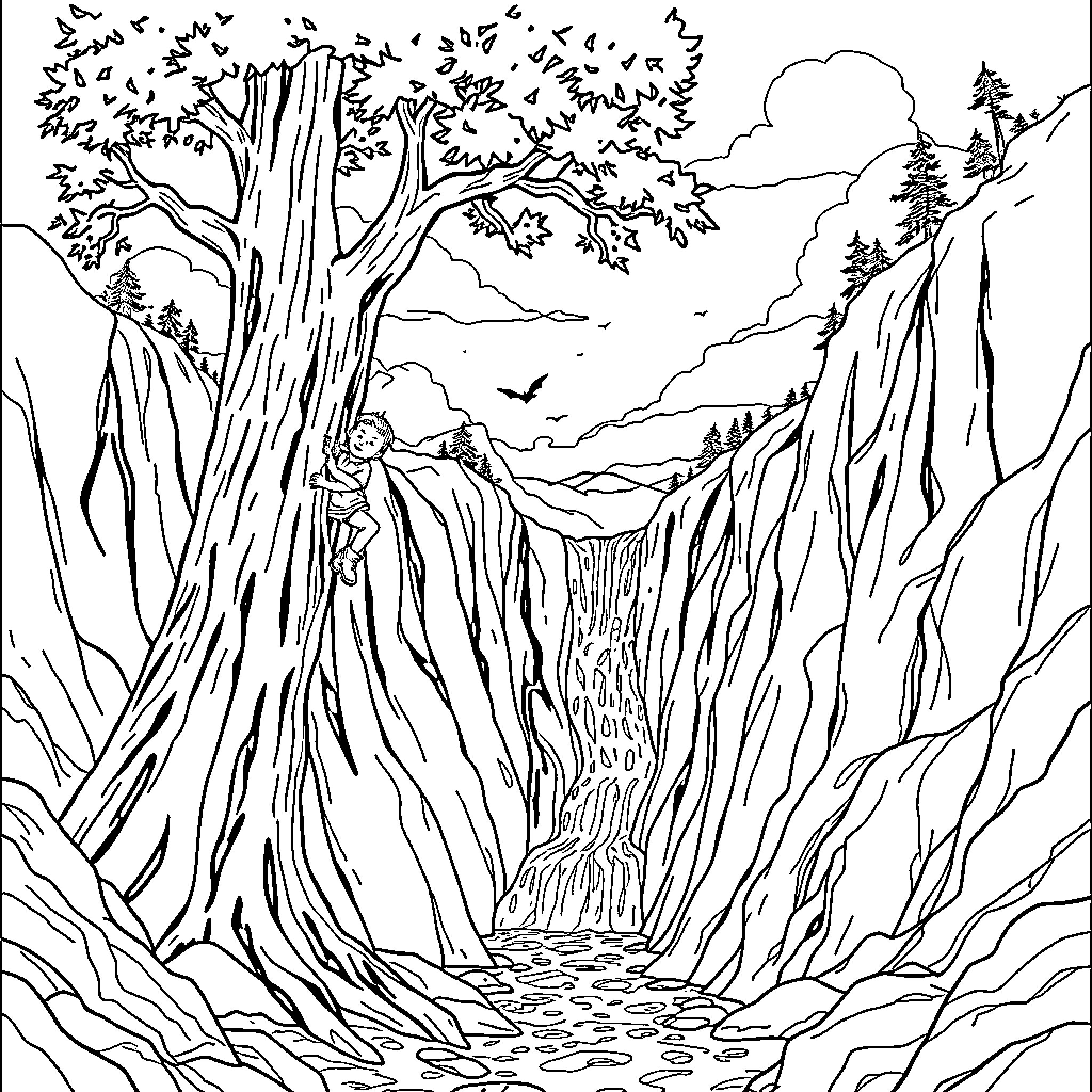 Kid explores enchanting forest landscape Coloring Page (free black-and-white line drawing printable PDF for all, from beginners to advanced learners, including children, teens, adults, and seniors)