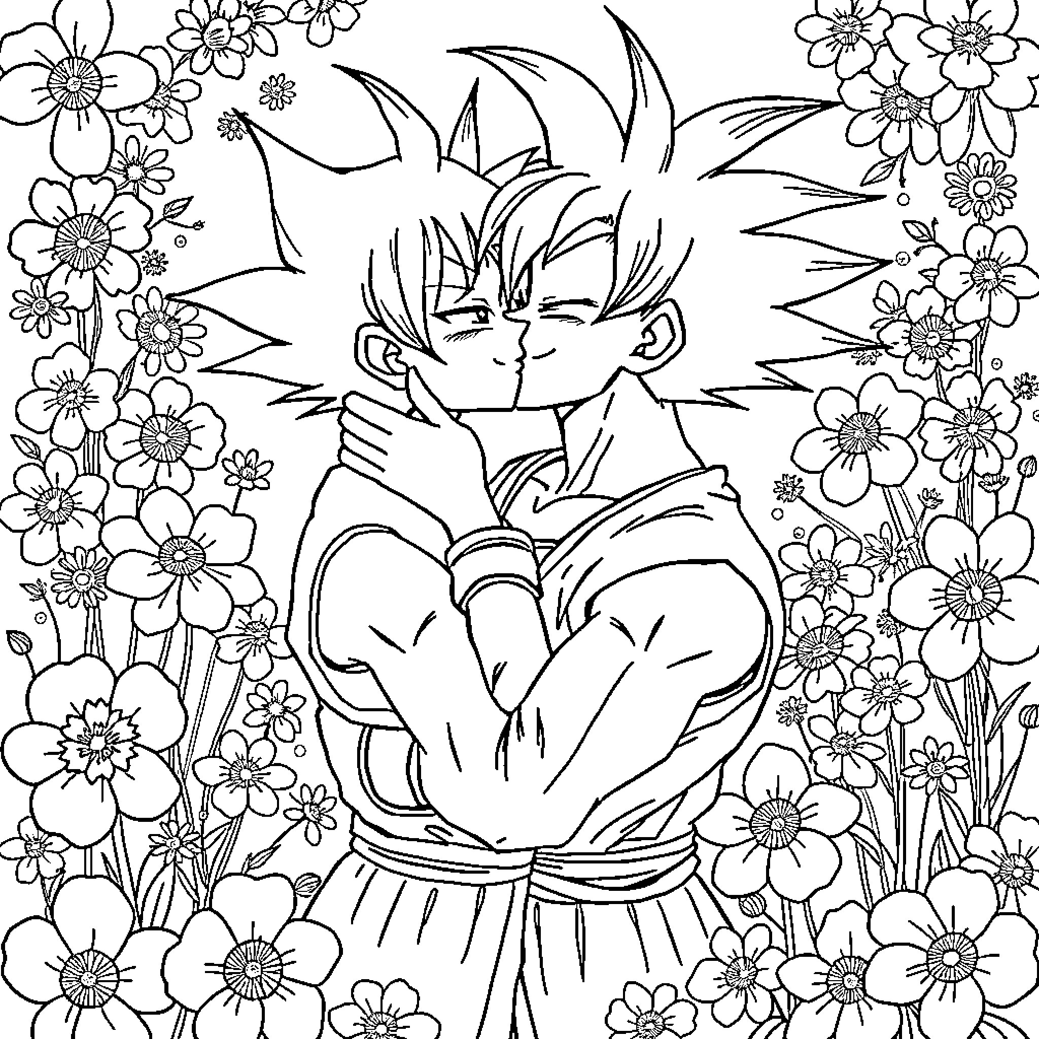 Yuno Gasai surrounded by flowers in nature Coloring Page (free black-and-white line drawing printable PDF for all, from beginners to advanced learners, including children, teens, adults, and seniors)