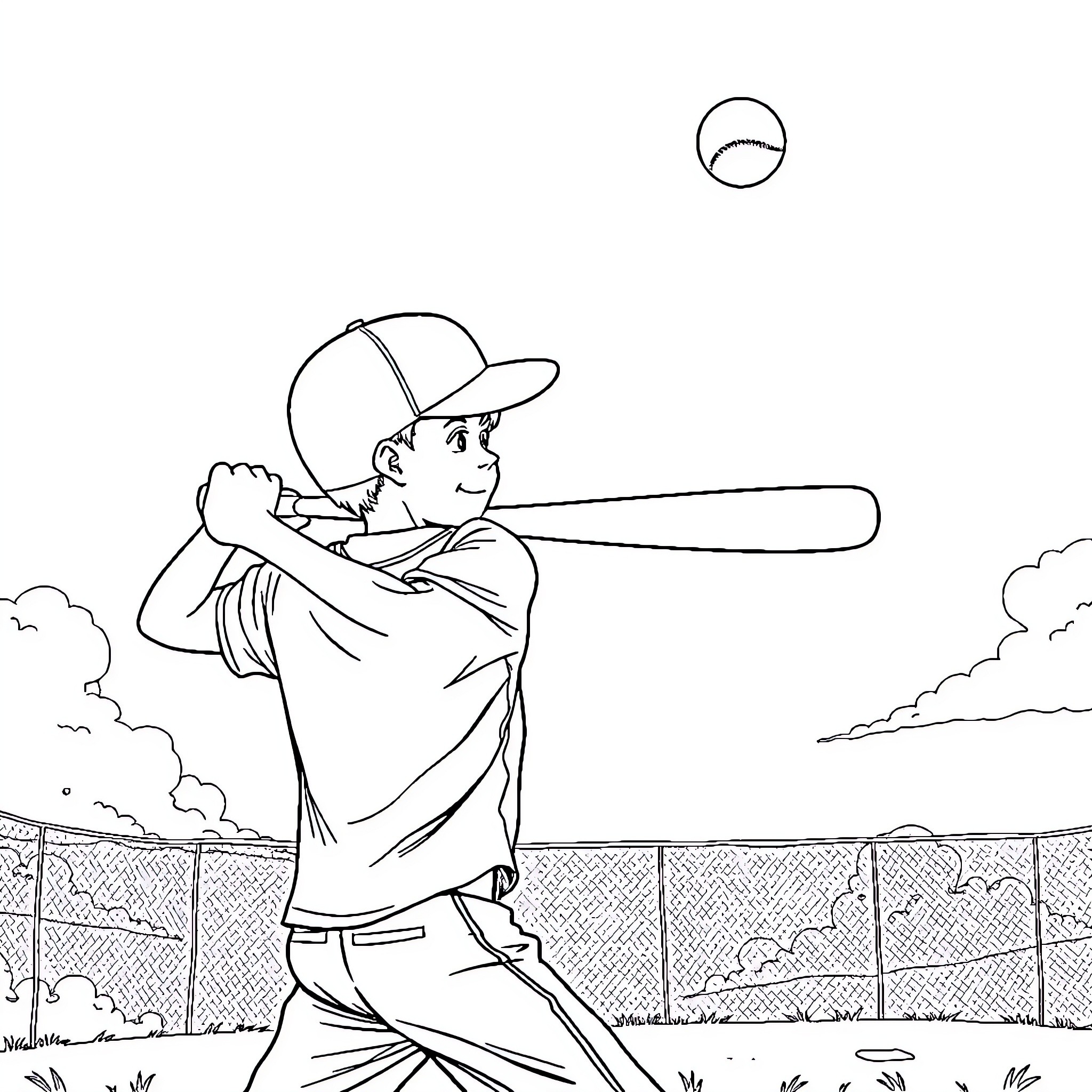 Boy playing baseball in the field Coloring Page (free black-and-white line drawing printable PDF for all, from beginners to advanced learners, including children, teens, adults, and seniors)