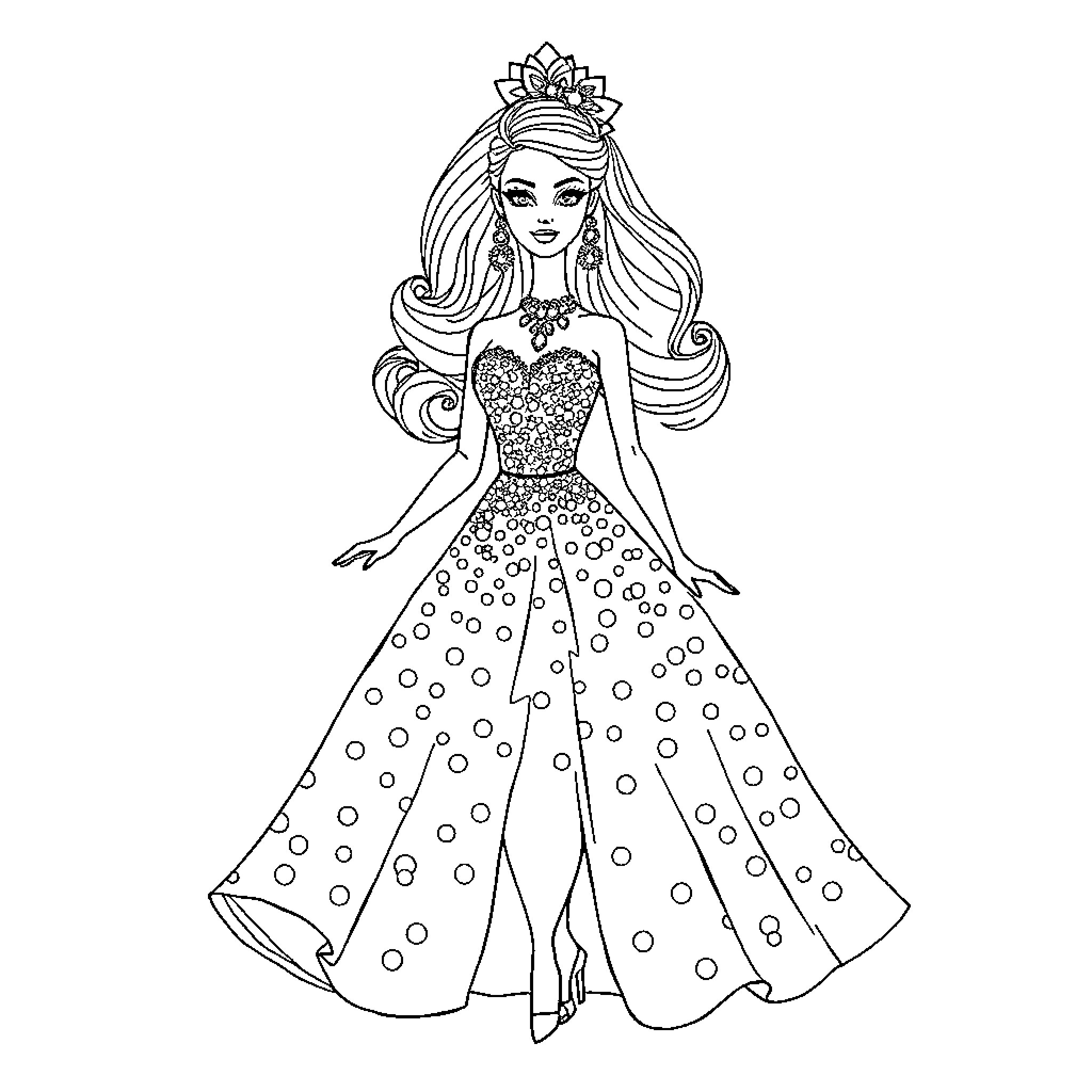 Barbie in a Glamorous Evening Gown Coloring Page (free black-and-white line drawing printable PDF for all, from beginners to advanced learners, including children, teens, adults, and seniors)
