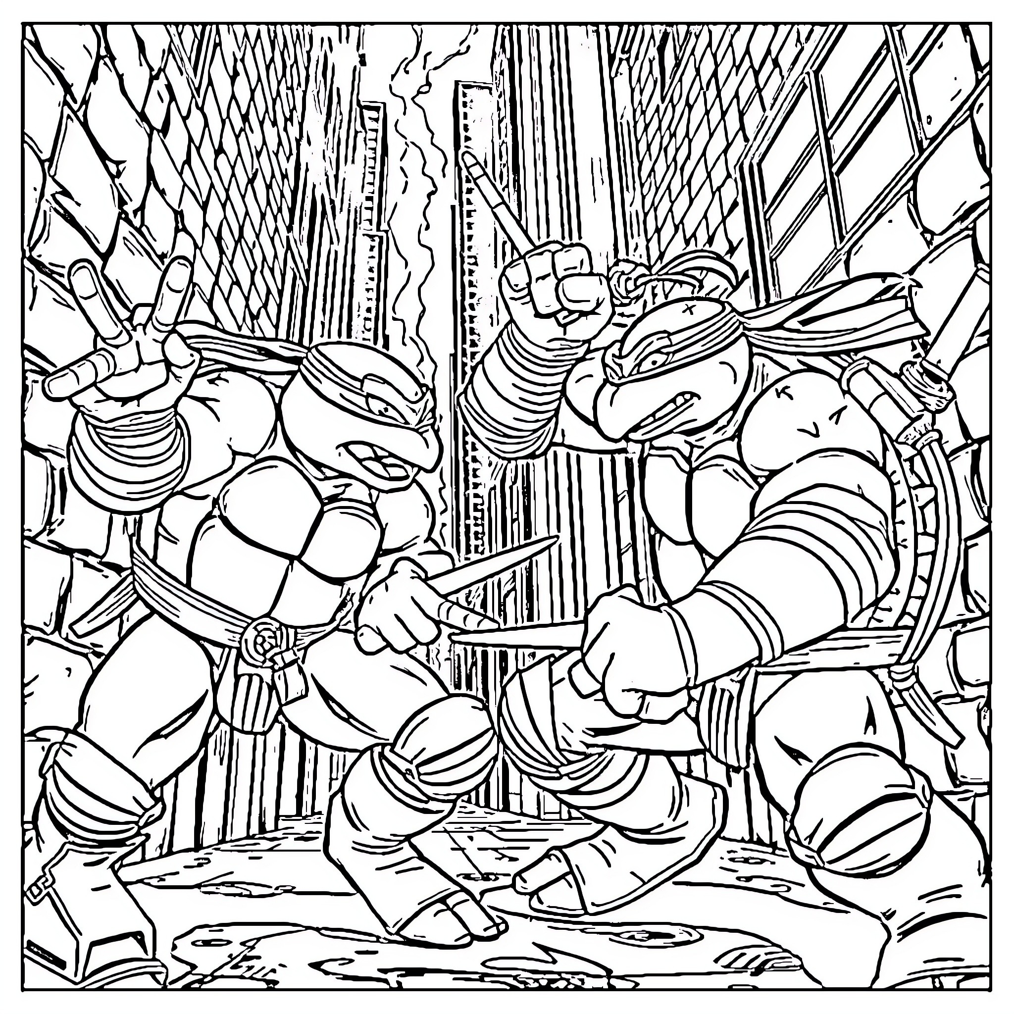 Teenage Mutant Ninja Turtles battling in the city Coloring Page (free black-and-white line drawing printable PDF for all, from beginners to advanced learners, including children, teens, adults, and seniors)
