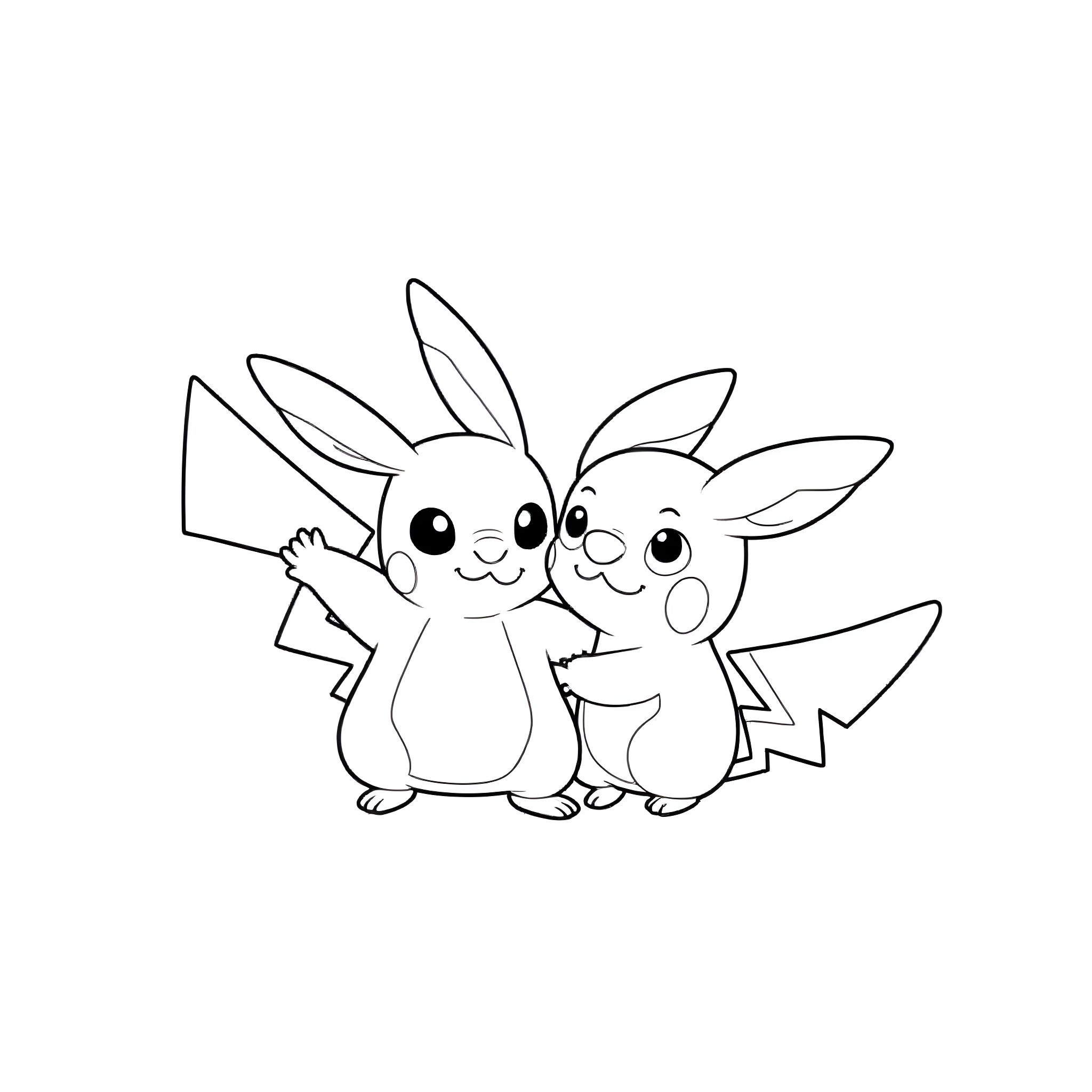Pikachu and Raichu posing together happily Coloring Page (free black-and-white line drawing printable PDF for all, from beginners to advanced learners, including children, teens, adults, and seniors)