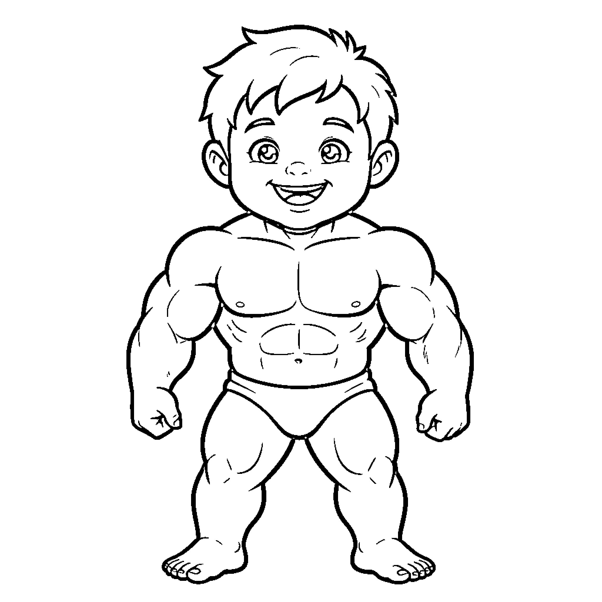 Baby Boy Flexing Muscles Happily Coloring Page (free black-and-white line drawing printable PDF for all, from beginners to advanced learners, including children, teens, adults, and seniors)