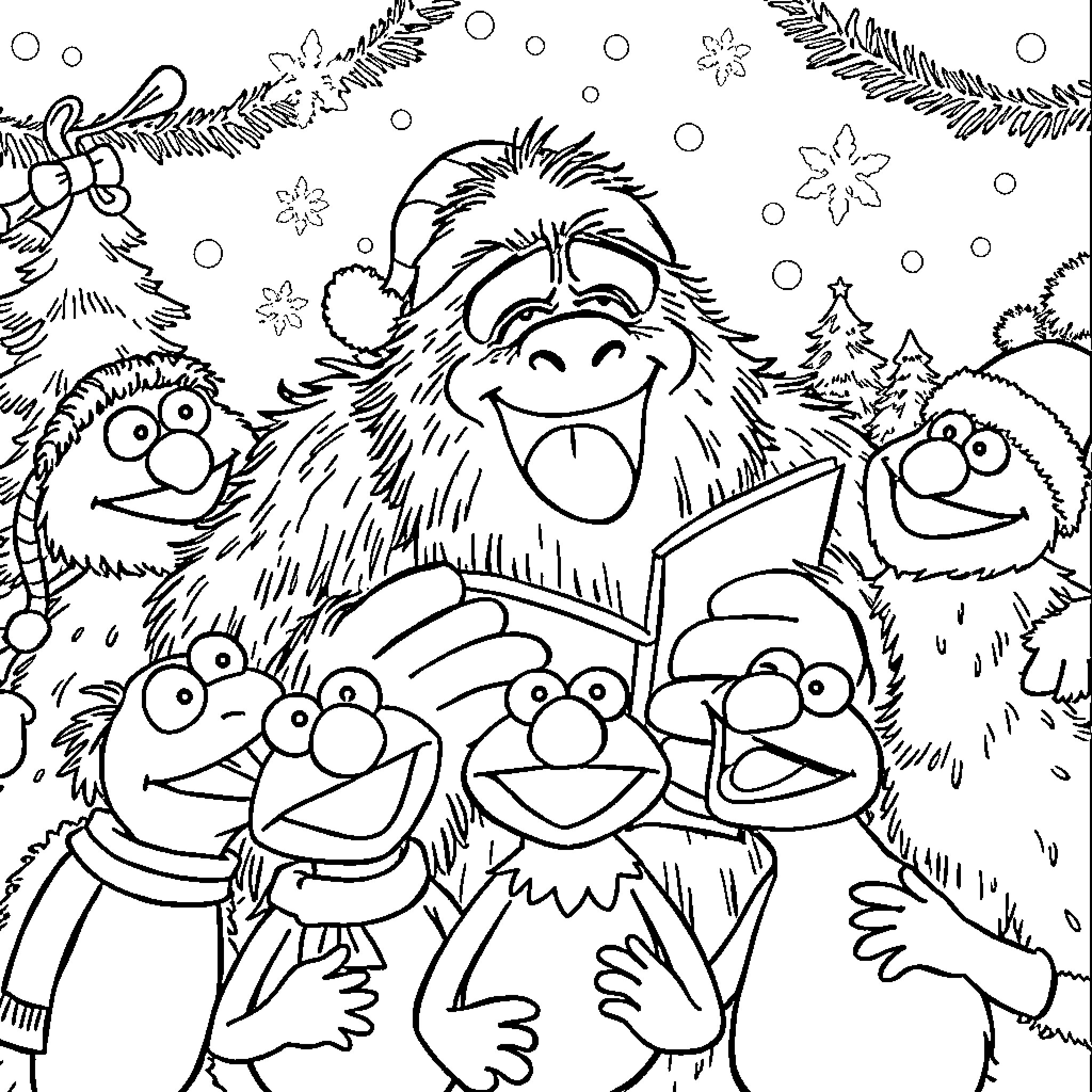 Bigfoot and Friends Celebrating Christmas in the Snow Coloring Page (free black-and-white line drawing printable PDF for all, from beginners to advanced learners, including children, teens, adults, and seniors)