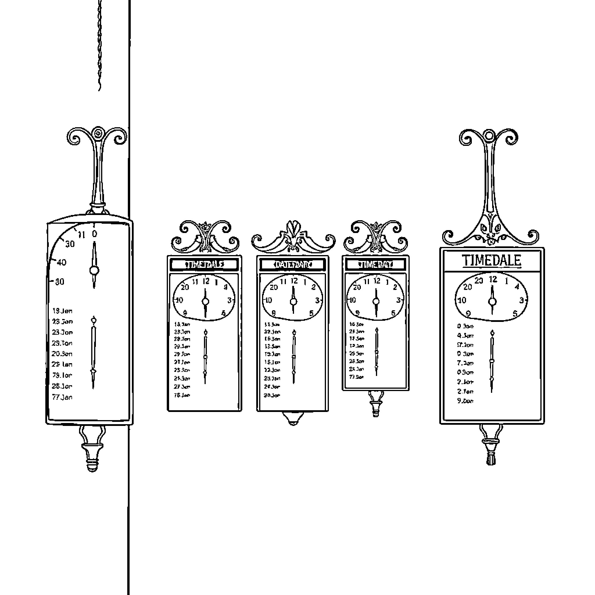 Timetable display of antique clocks Coloring Page (free black-and-white line drawing printable PDF for all, from beginners to advanced learners, including children, teens, adults, and seniors)