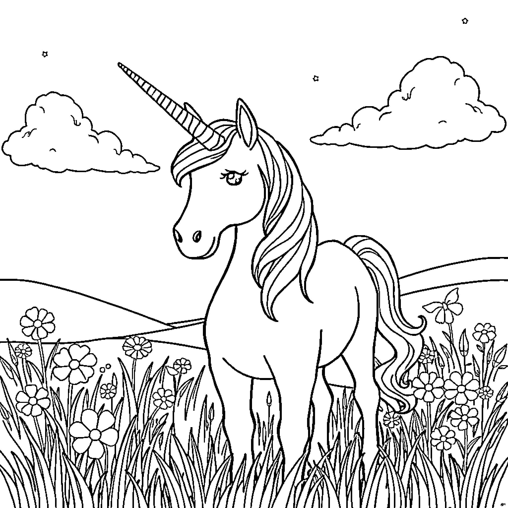 Unicorn standing proud in a field of flowers Coloring Page (free black-and-white line drawing printable PDF for all, from beginners to advanced learners, including children, teens, adults, and seniors)