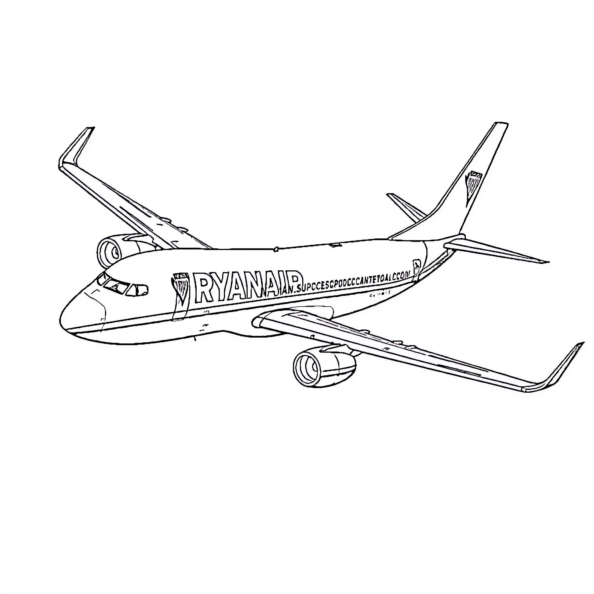 Boeing 737 in flight with Ryanair branding Coloring Page (free black-and-white line drawing printable PDF for all, from beginners to advanced learners, including children, teens, adults, and seniors)