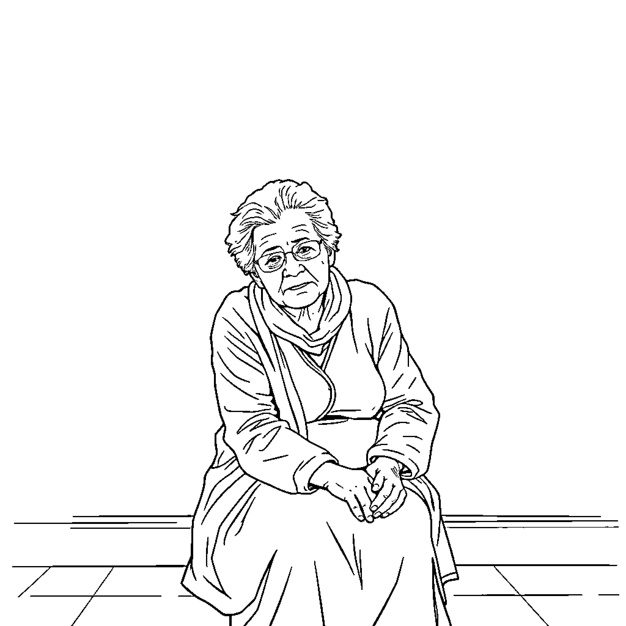 Granny sitting on a bench, pensive expression Coloring Page (free black-and-white line drawing printable PDF for all, from beginners to advanced learners, including children, teens, adults, and seniors)