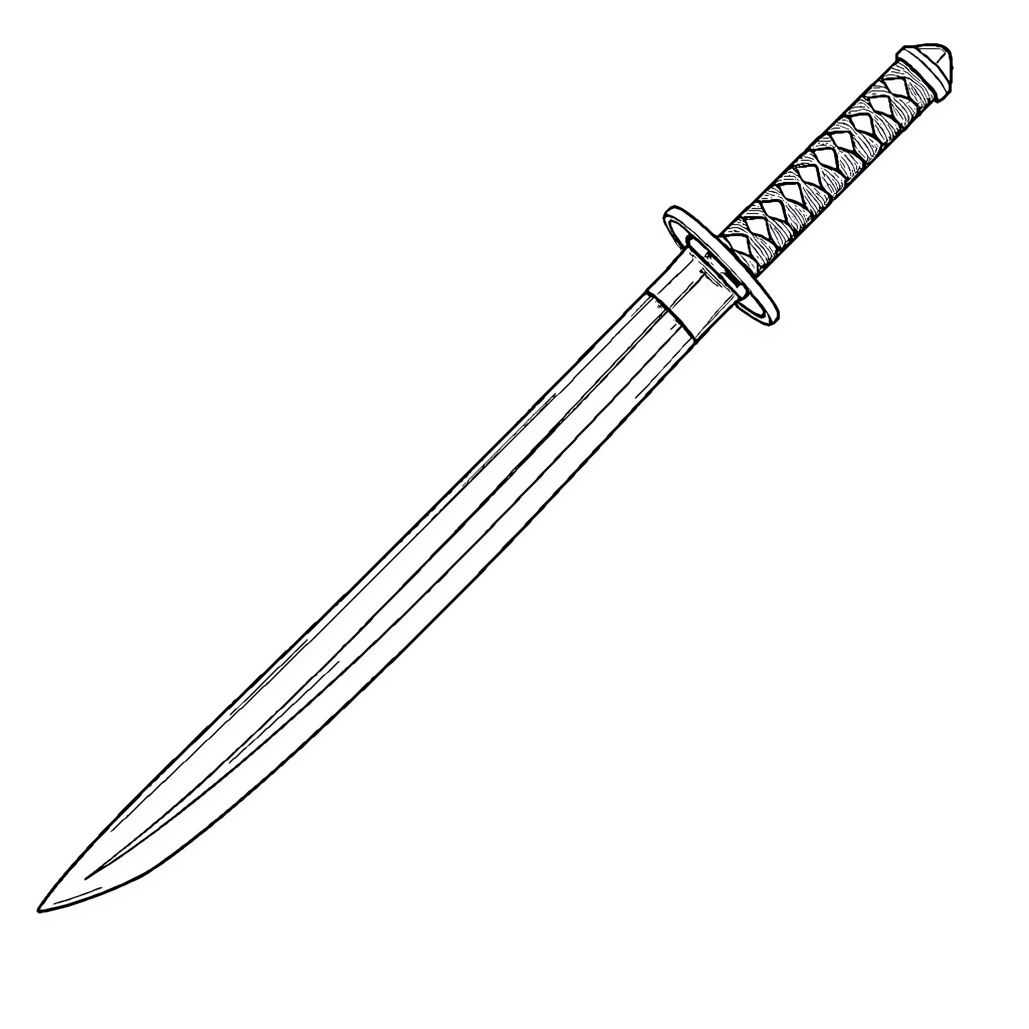 Katana sword with detailed hilt and guard Coloring Page (free black-and-white line drawing printable PDF for all, from beginners to advanced learners, including children, teens, adults, and seniors)