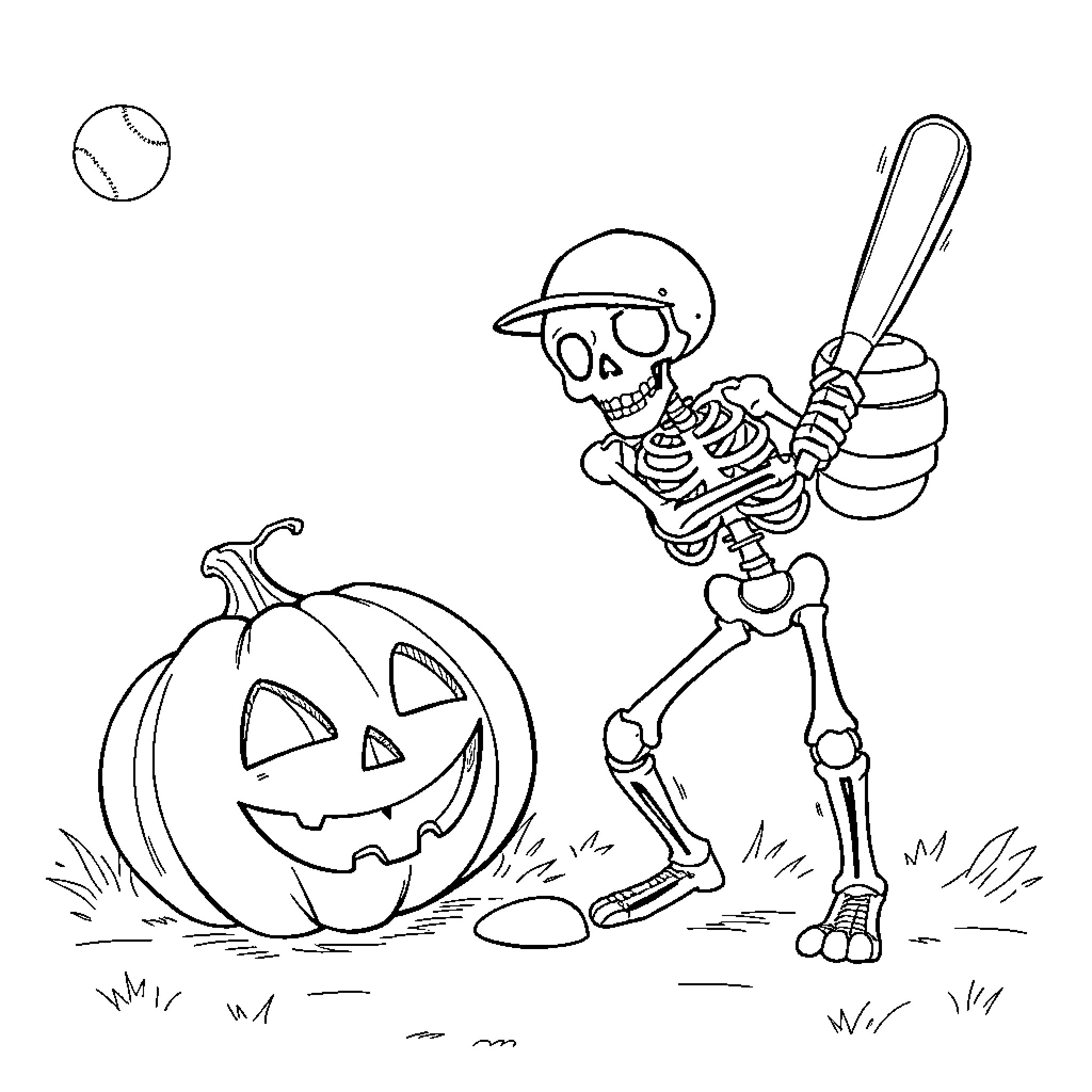 Skeleton playing baseball near jack-o'-lantern Coloring Page (free black-and-white line drawing printable PDF for all, from beginners to advanced learners, including children, teens, adults, and seniors)