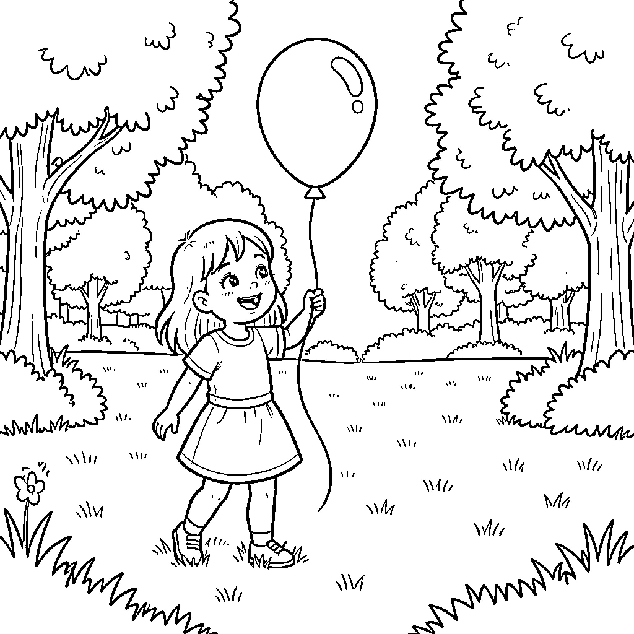 Girl exploring outdoors with balloon Coloring Page (free black-and-white line drawing printable PDF for all, from beginners to advanced learners, including children, teens, adults, and seniors)