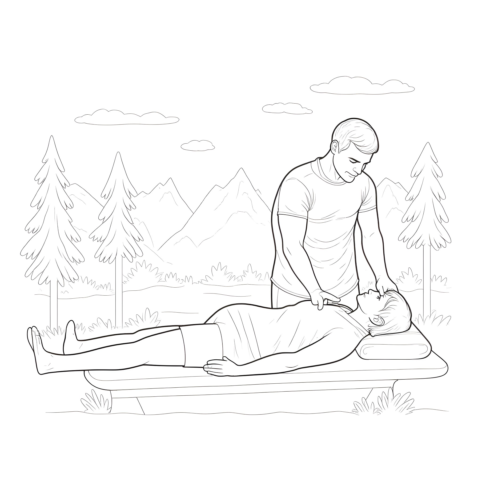 Man helping injured person on outdoor stretcher Coloring Page (free black-and-white line drawing printable PDF for all, from beginners to advanced learners, including children, teens, adults, and seniors)