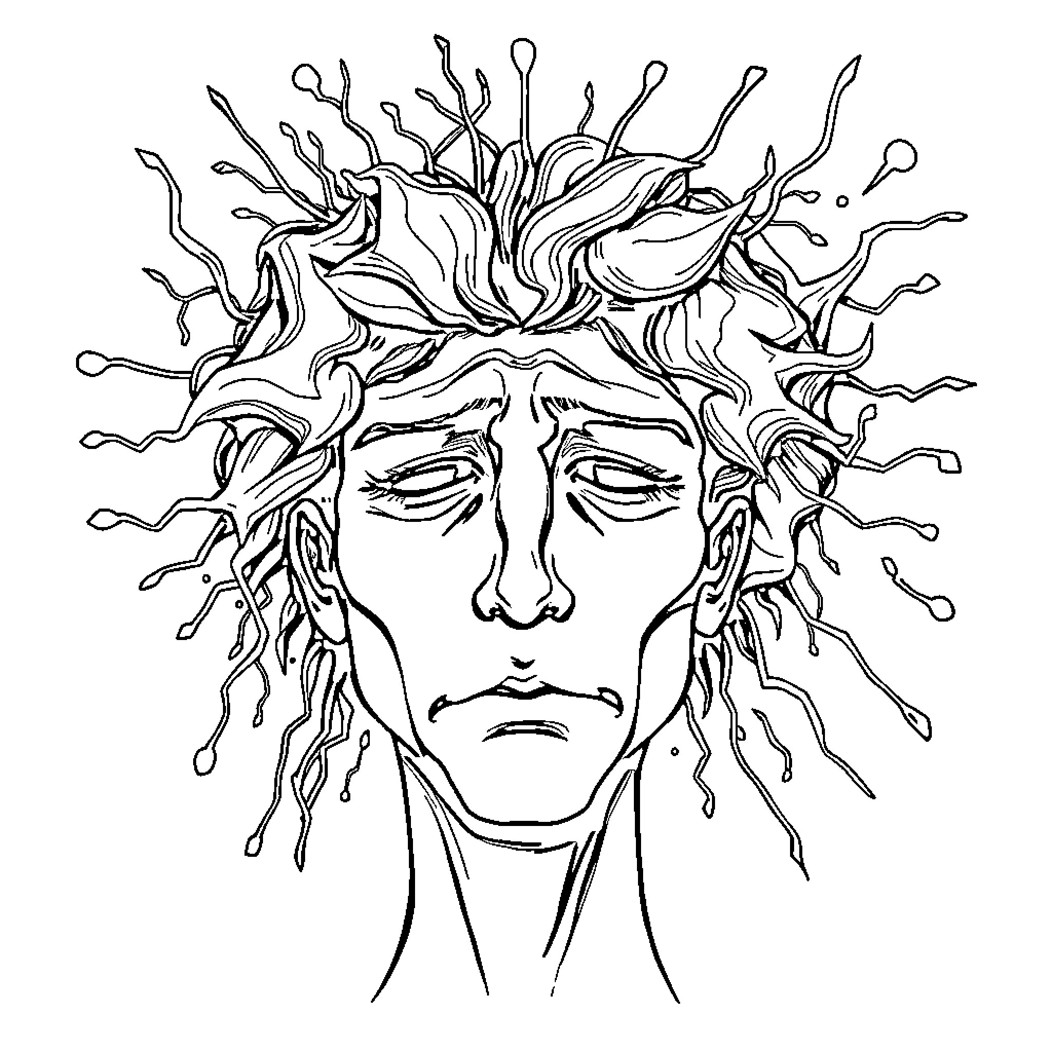 Brain's Contemplative Visage Coloring Page (free black-and-white line drawing printable PDF for all, from beginners to advanced learners, including children, teens, adults, and seniors)