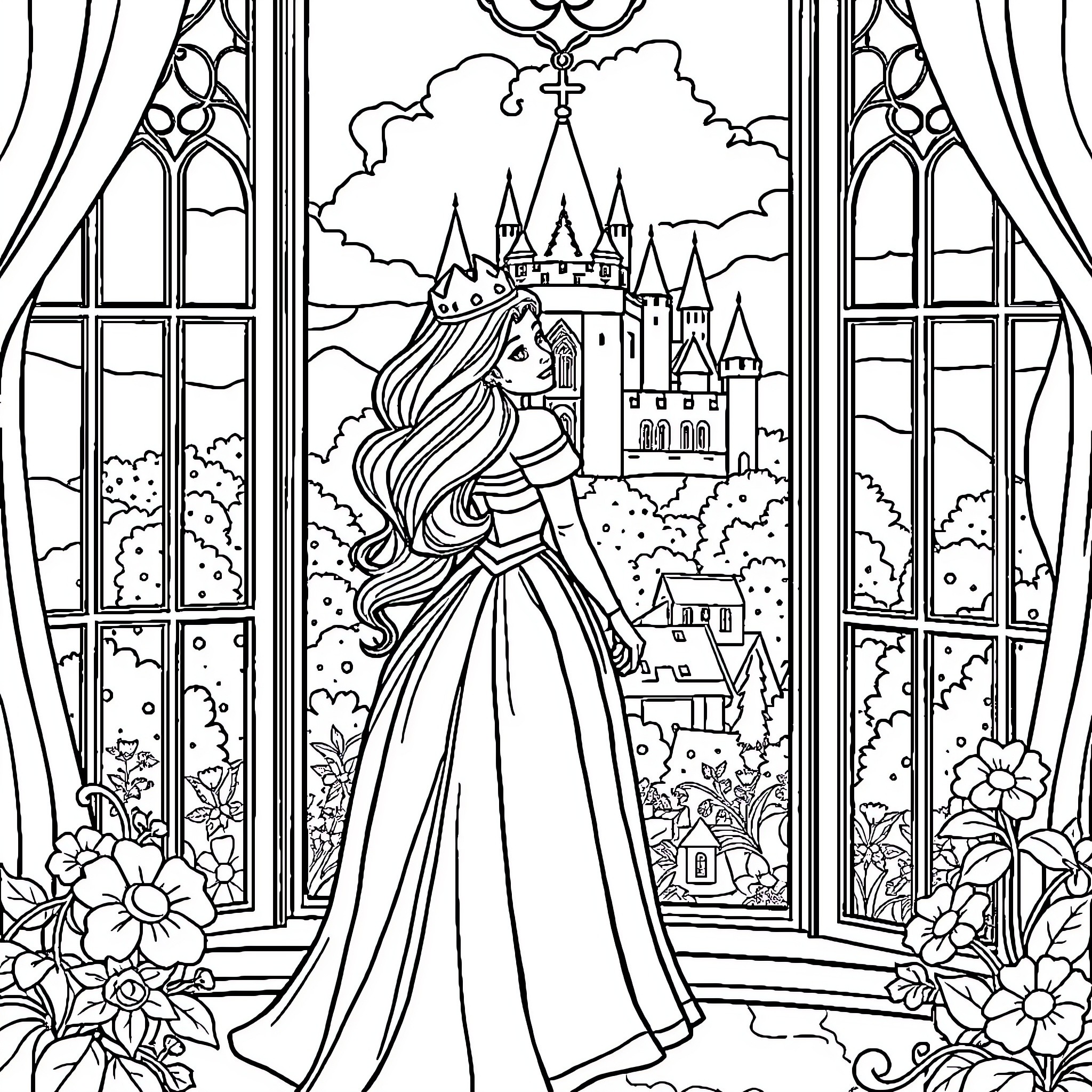 Princess Admiring the Enchanting Castle View Coloring Page (free black-and-white line drawing printable PDF for all, from beginners to advanced learners, including children, teens, adults, and seniors)