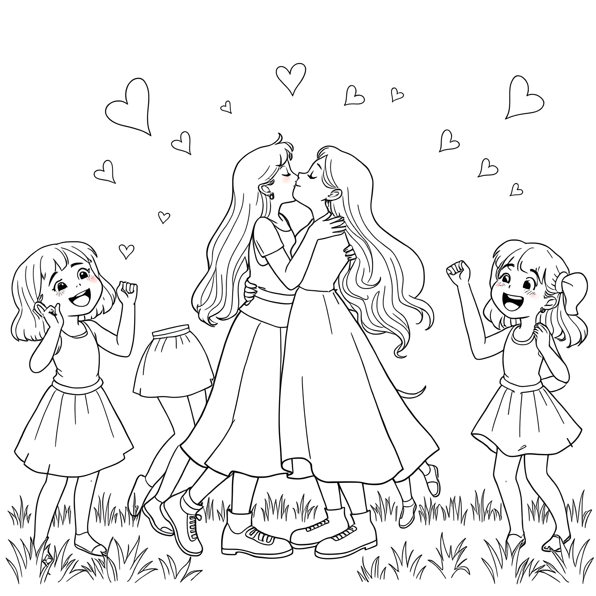 Jodi's Day with Friends and Love Coloring Page (free black-and-white line drawing printable PDF for all, from beginners to advanced learners, including children, teens, adults, and seniors)