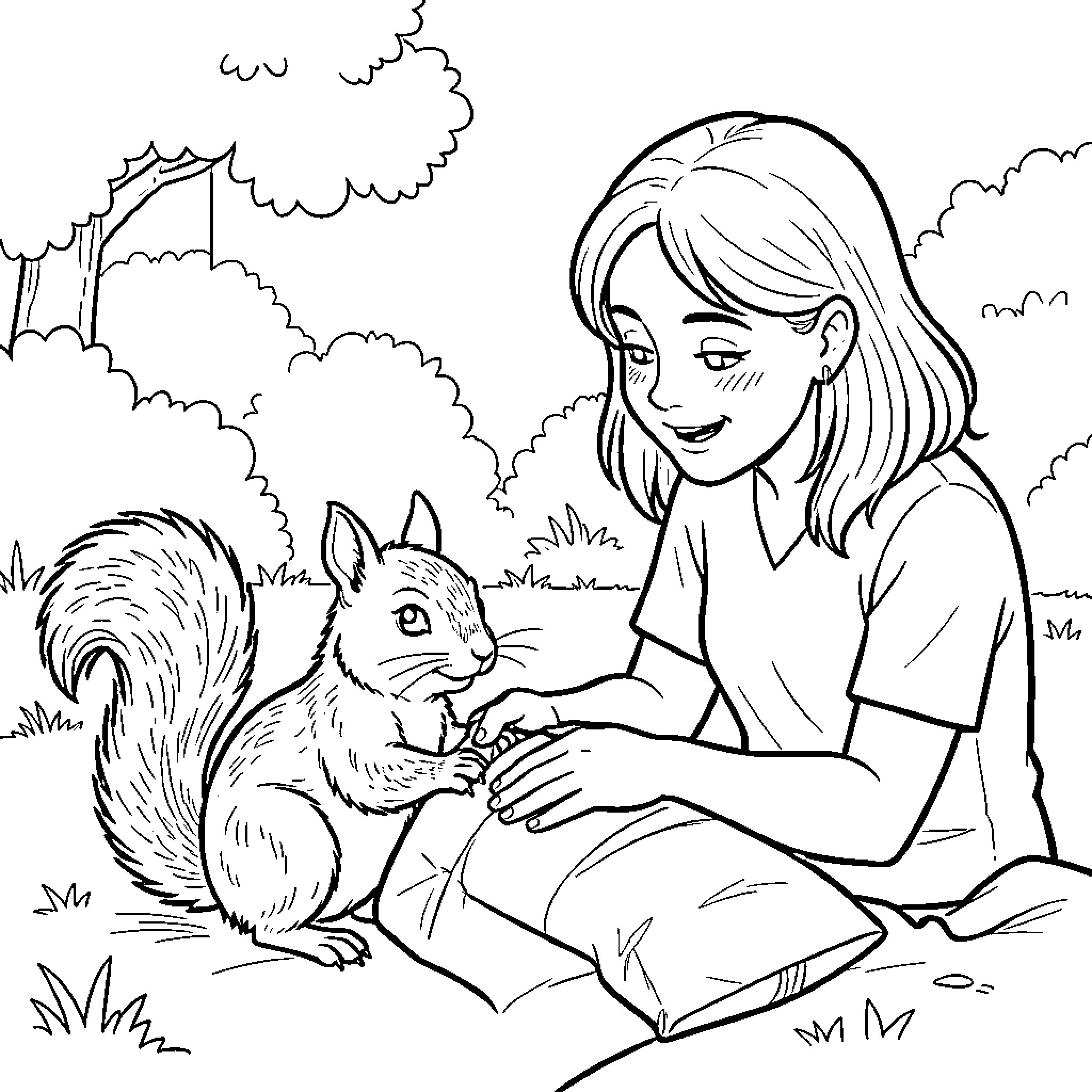 Squirrel Feeding Time with Friendly Girl Coloring Page (free black-and-white line drawing printable PDF for all, from beginners to advanced learners, including children, teens, adults, and seniors)