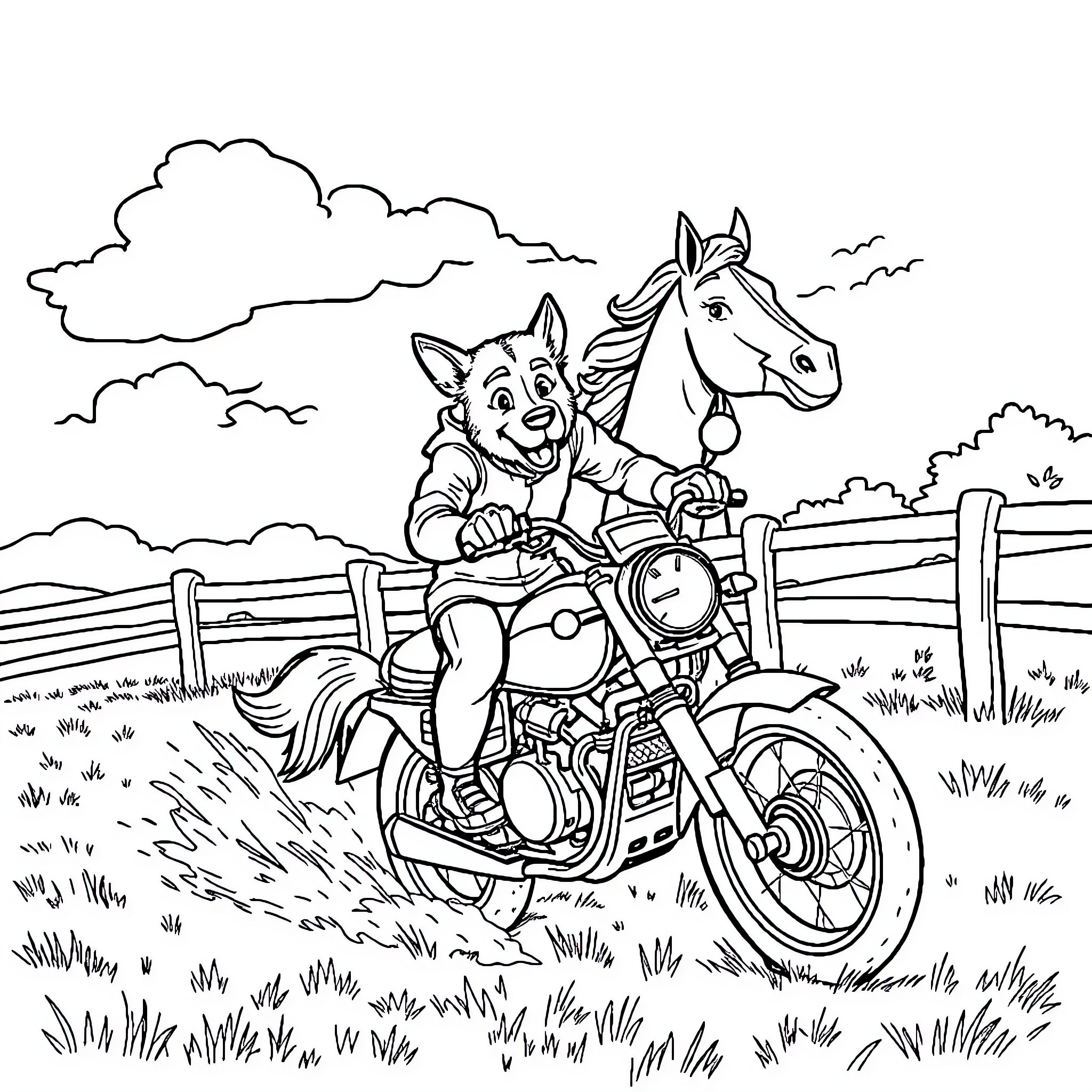 Chien riding motorcycle with horse companion Coloring Page (free black-and-white line drawing printable PDF for all, from beginners to advanced learners, including children, teens, adults, and seniors)
