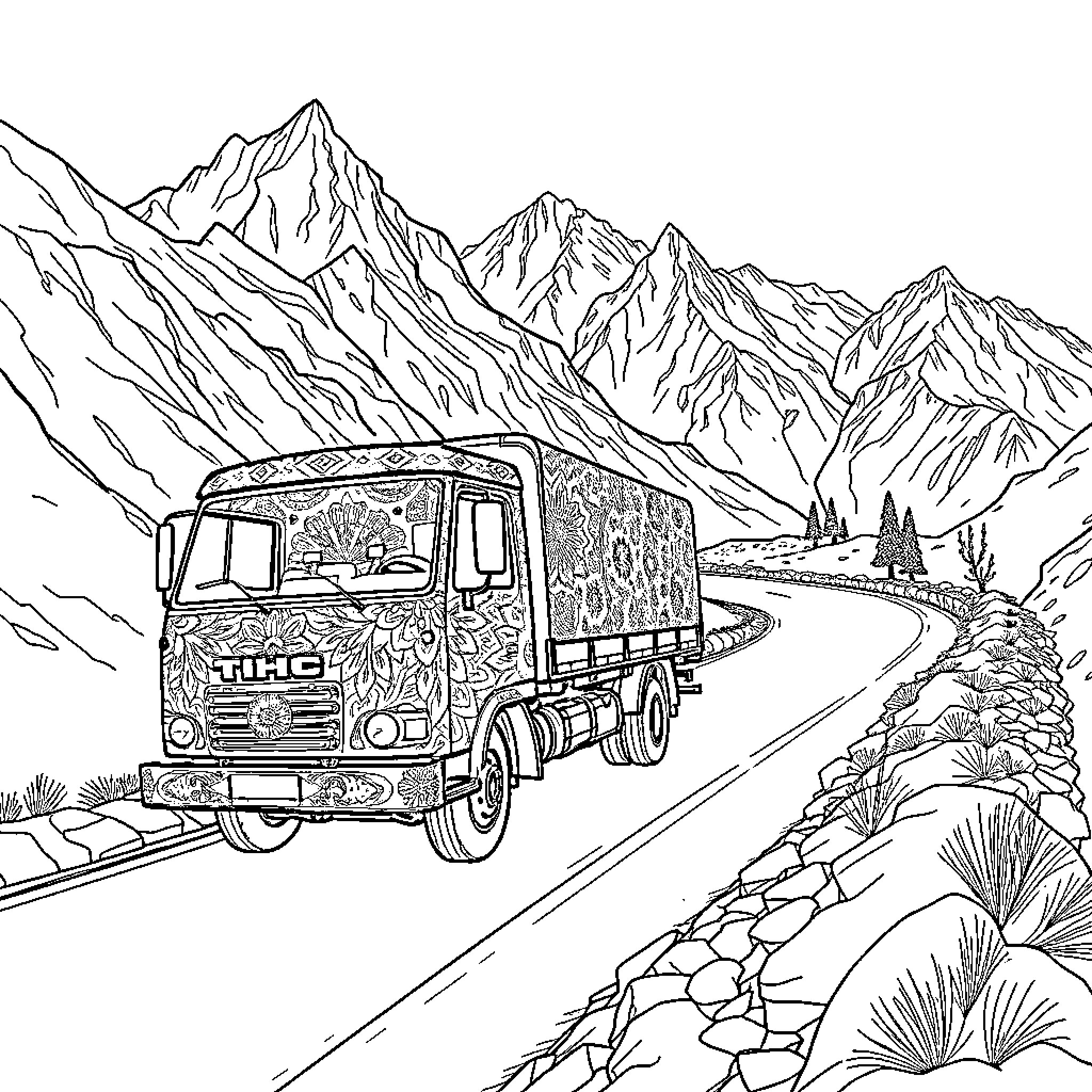 Truck traveling on mountain road through scenic landscape Coloring Page (free black-and-white line drawing printable PDF for all, from beginners to advanced learners, including children, teens, adults, and seniors)