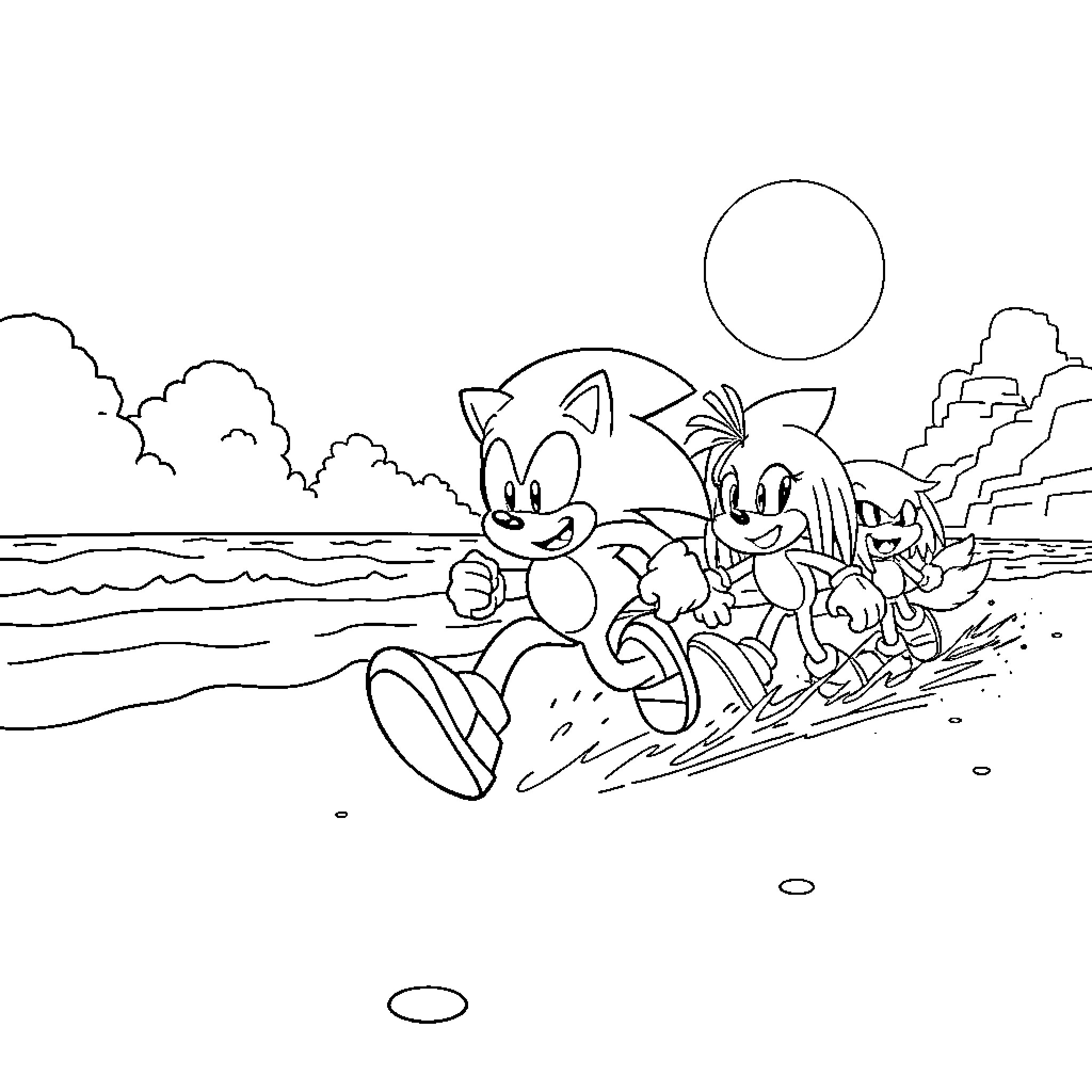 Sonic characters running excitedly on the beach Coloring Page (free black-and-white line drawing printable PDF for all, from beginners to advanced learners, including children, teens, adults, and seniors)