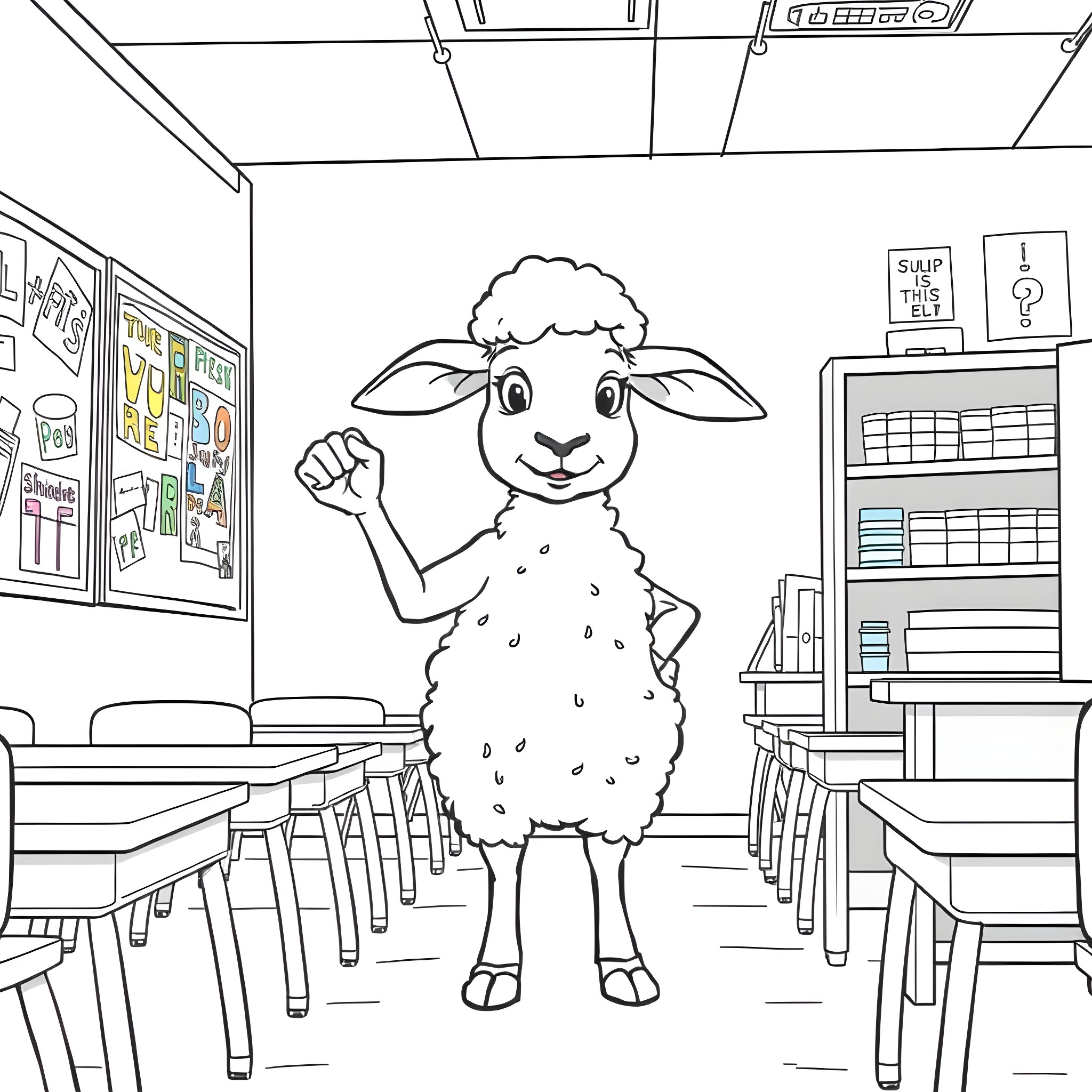 Sheep in a classroom environment Coloring Page (free black-and-white line drawing printable PDF for all, from beginners to advanced learners, including children, teens, adults, and seniors)