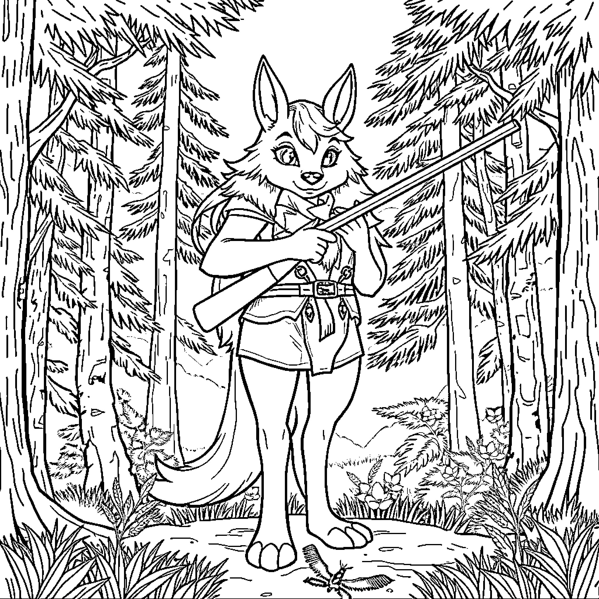 Huntrix in the Wilderness with Weapons Coloring Page (free black-and-white line drawing printable PDF for all, from beginners to advanced learners, including children, teens, adults, and seniors)