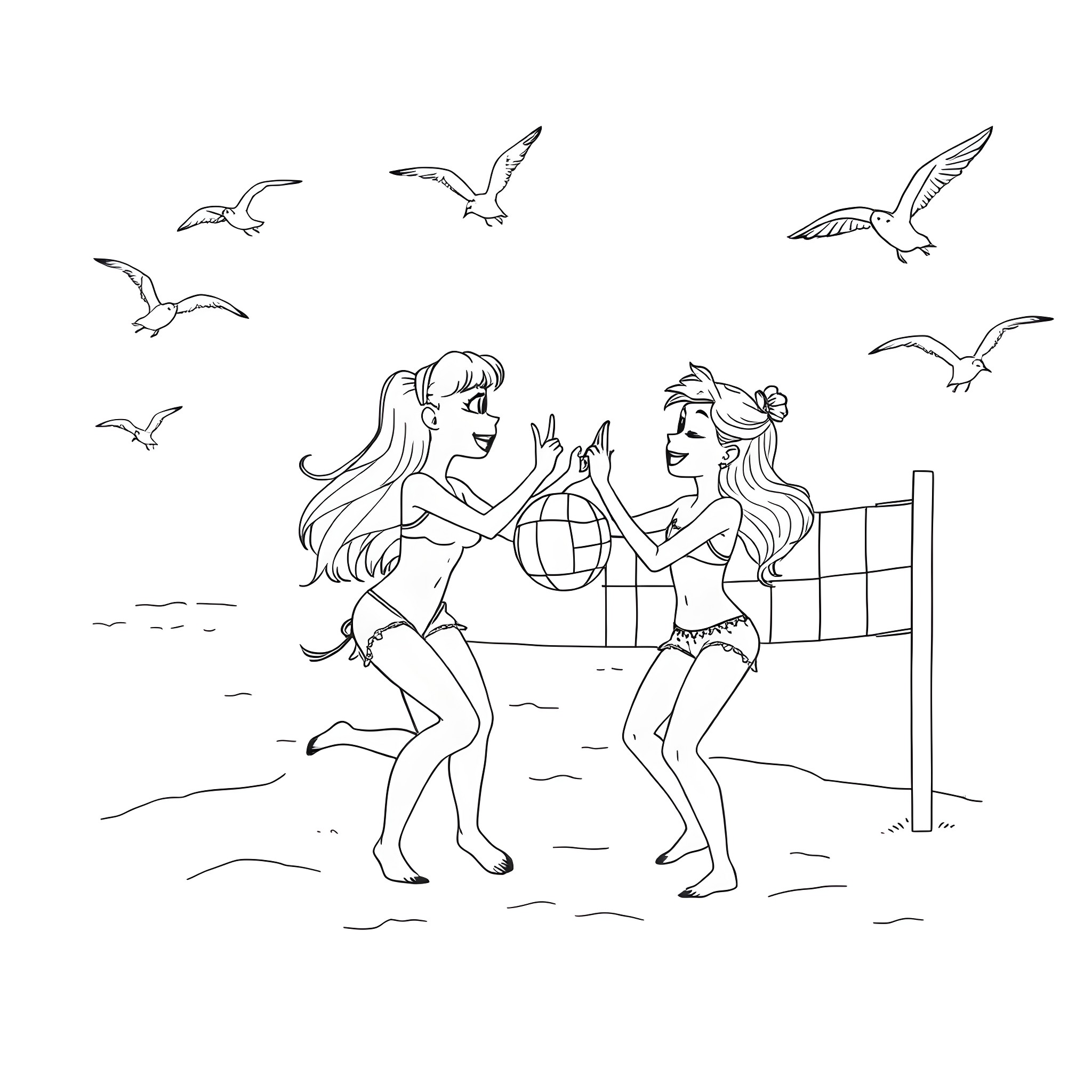 Bluey's Beachside Dance Party Coloring Page (free black-and-white line drawing printable PDF for all, from beginners to advanced learners, including children, teens, adults, and seniors)