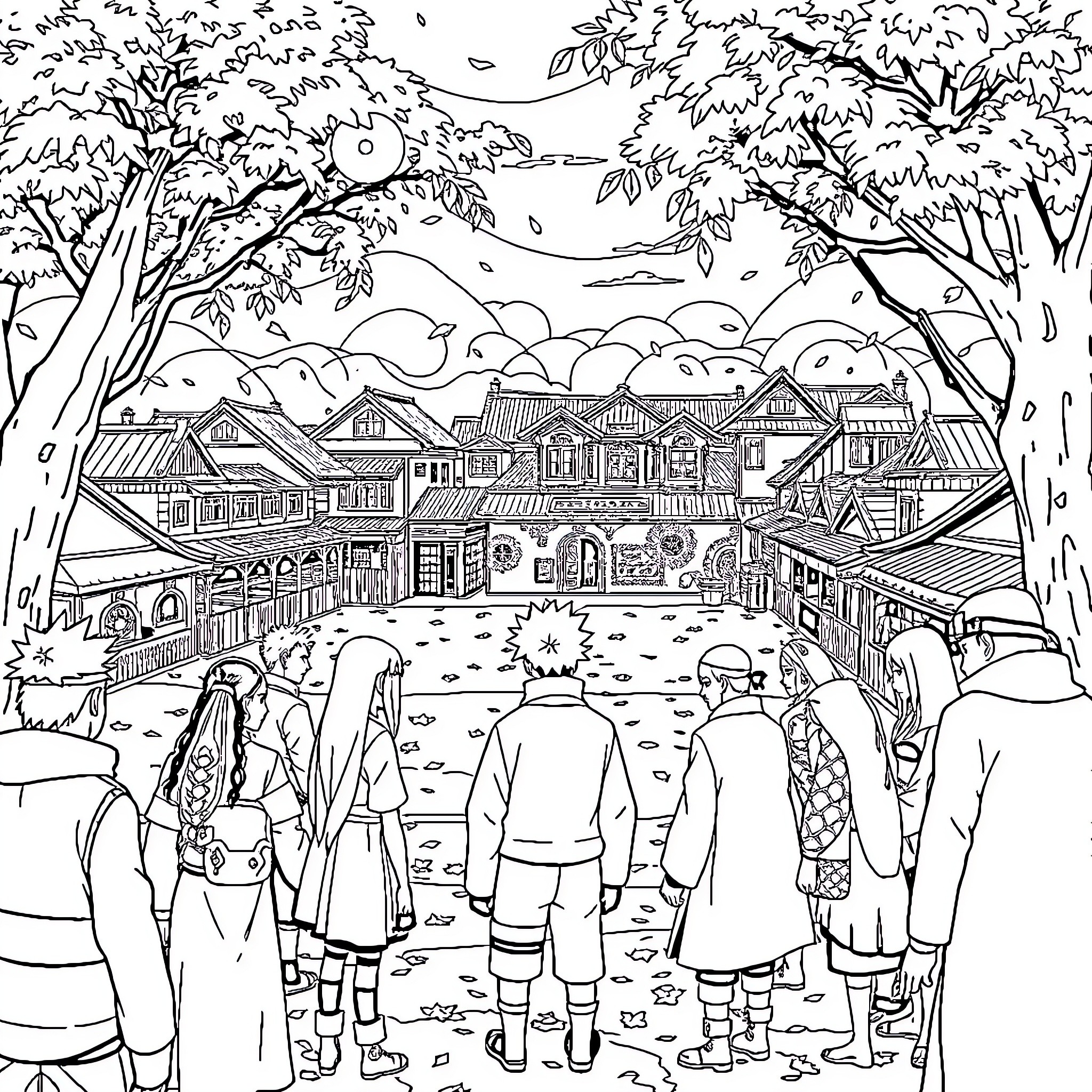 Naruto characters in a traditional Japanese village setting Coloring Page (free black-and-white line drawing printable PDF for all, from beginners to advanced learners, including children, teens, adults, and seniors)
