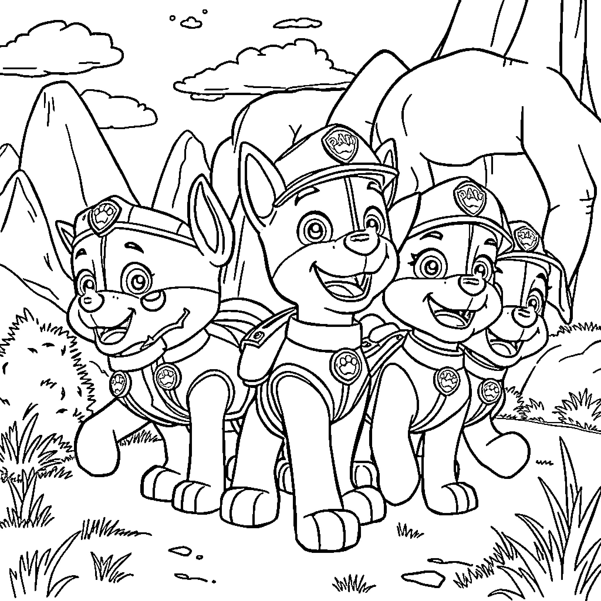 Paw Patrol team exploring the outdoors Coloring Page (free black-and-white line drawing printable PDF for all, from beginners to advanced learners, including children, teens, adults, and seniors)