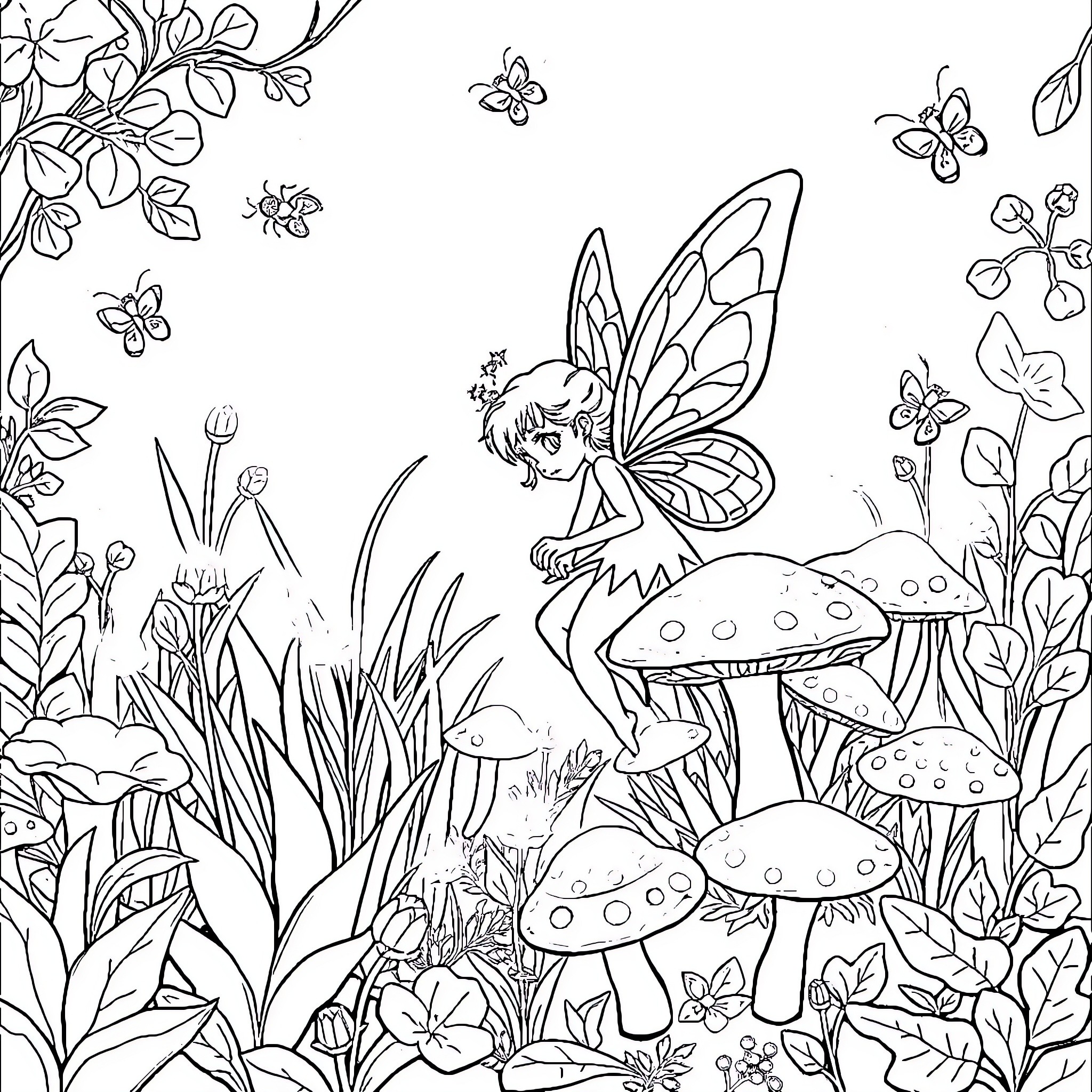 Fairy playfully exploring the enchanted mushroom forest Coloring Page (free black-and-white line drawing printable PDF for all, from beginners to advanced learners, including children, teens, adults, and seniors)