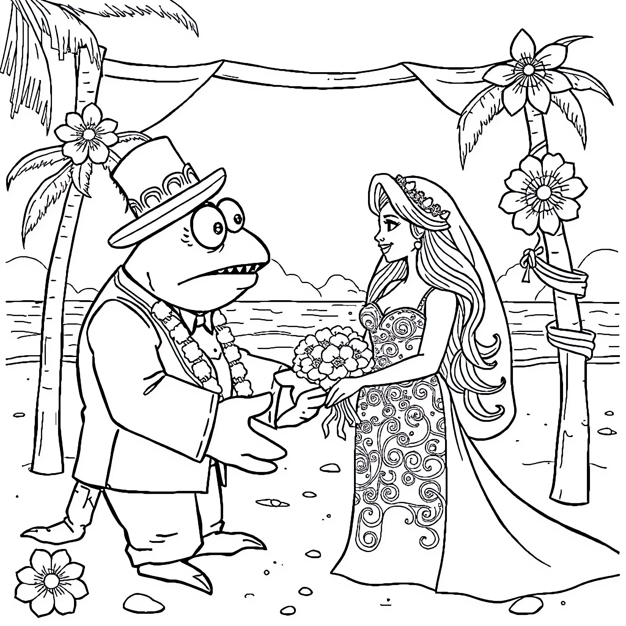 Crab proposing to a colorful mermaid on the beach Coloring Page (free black-and-white line drawing printable PDF for all, from beginners to advanced learners, including children, teens, adults, and seniors)